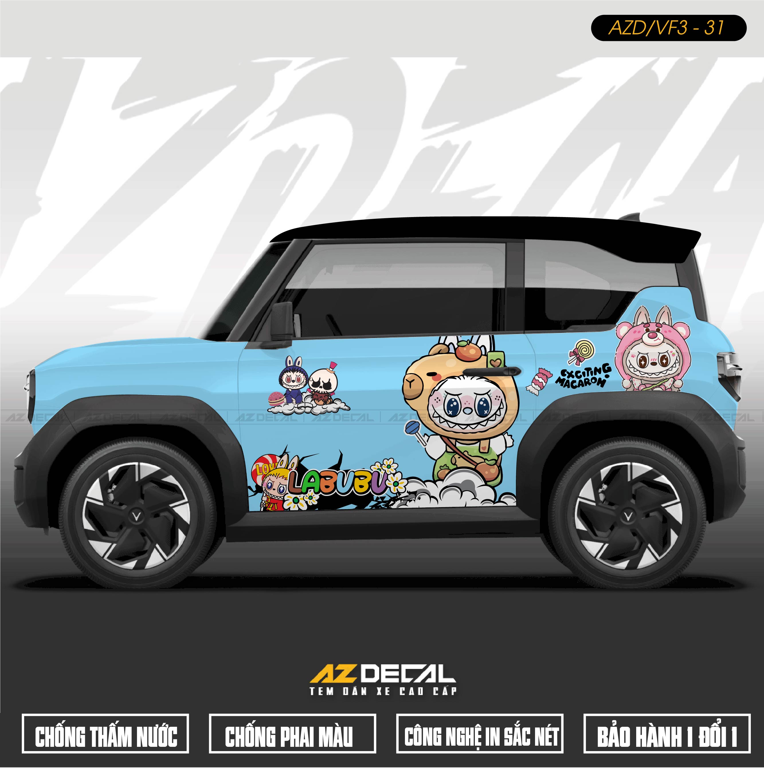 Tem Xe Vinfast VF3 Mẫu VF3-31 Labubu - Thiết Kế Theo Yêu Cầu