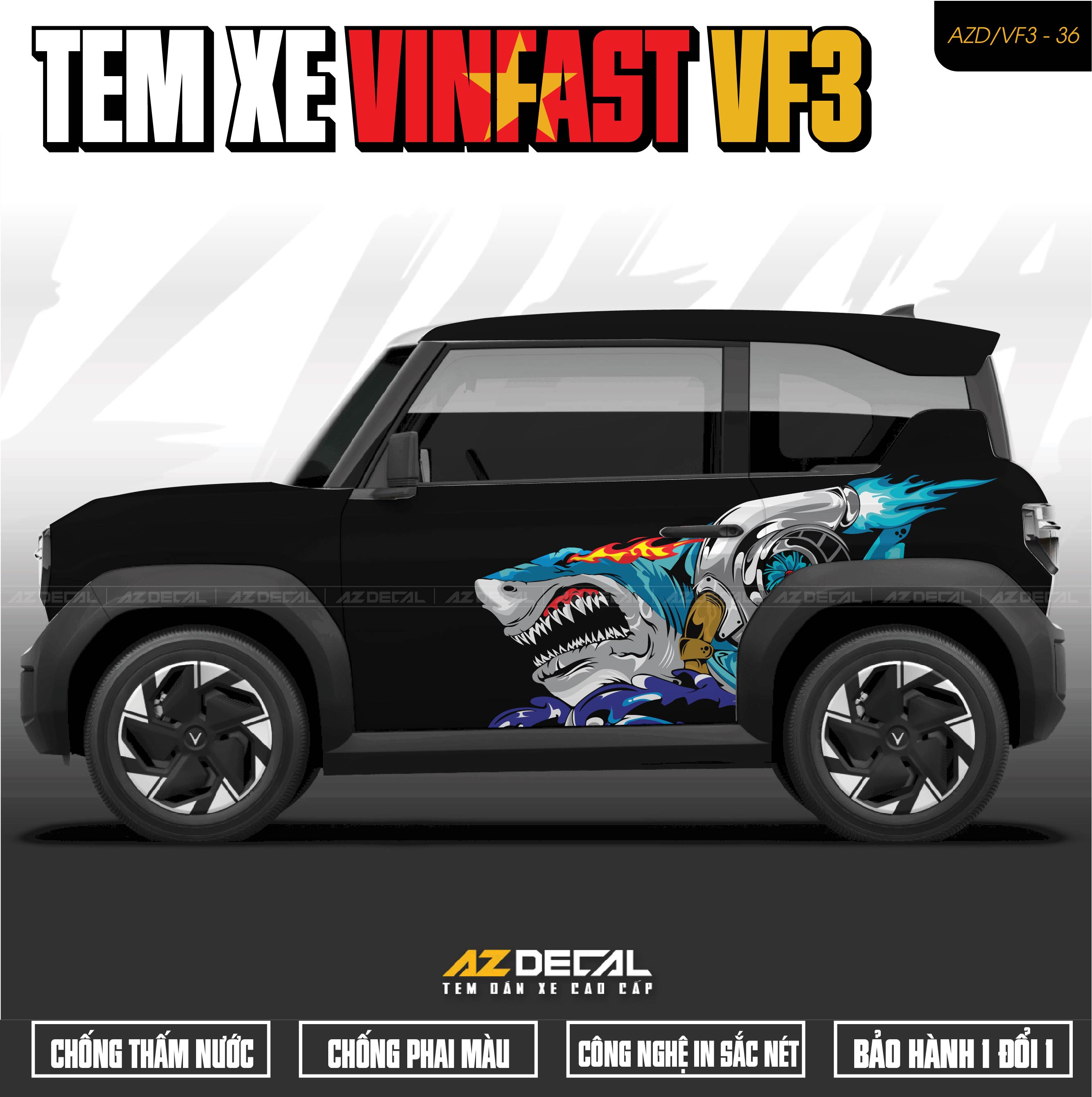 Tem Xe Vinfast VF3 Mẫu VF3-36 Cá Mập - Thiết Kế Theo Yêu Cầu