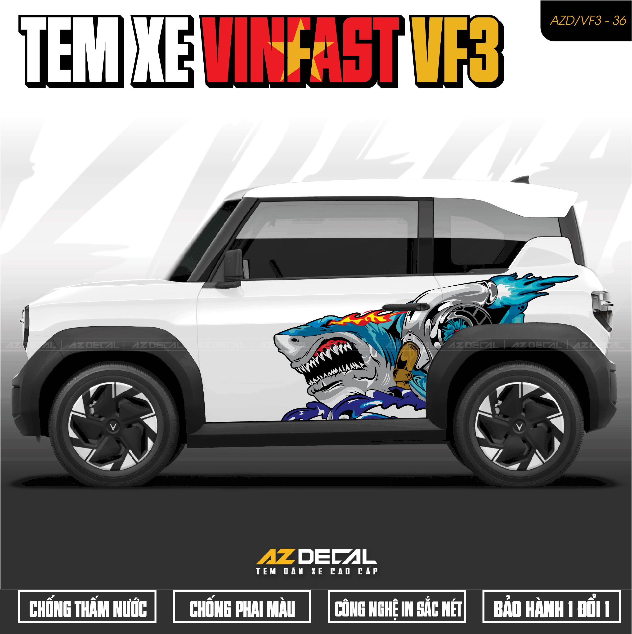 Tem Xe Vinfast VF3 Mẫu VF3-36 Cá Mập - Thiết Kế Theo Yêu Cầu