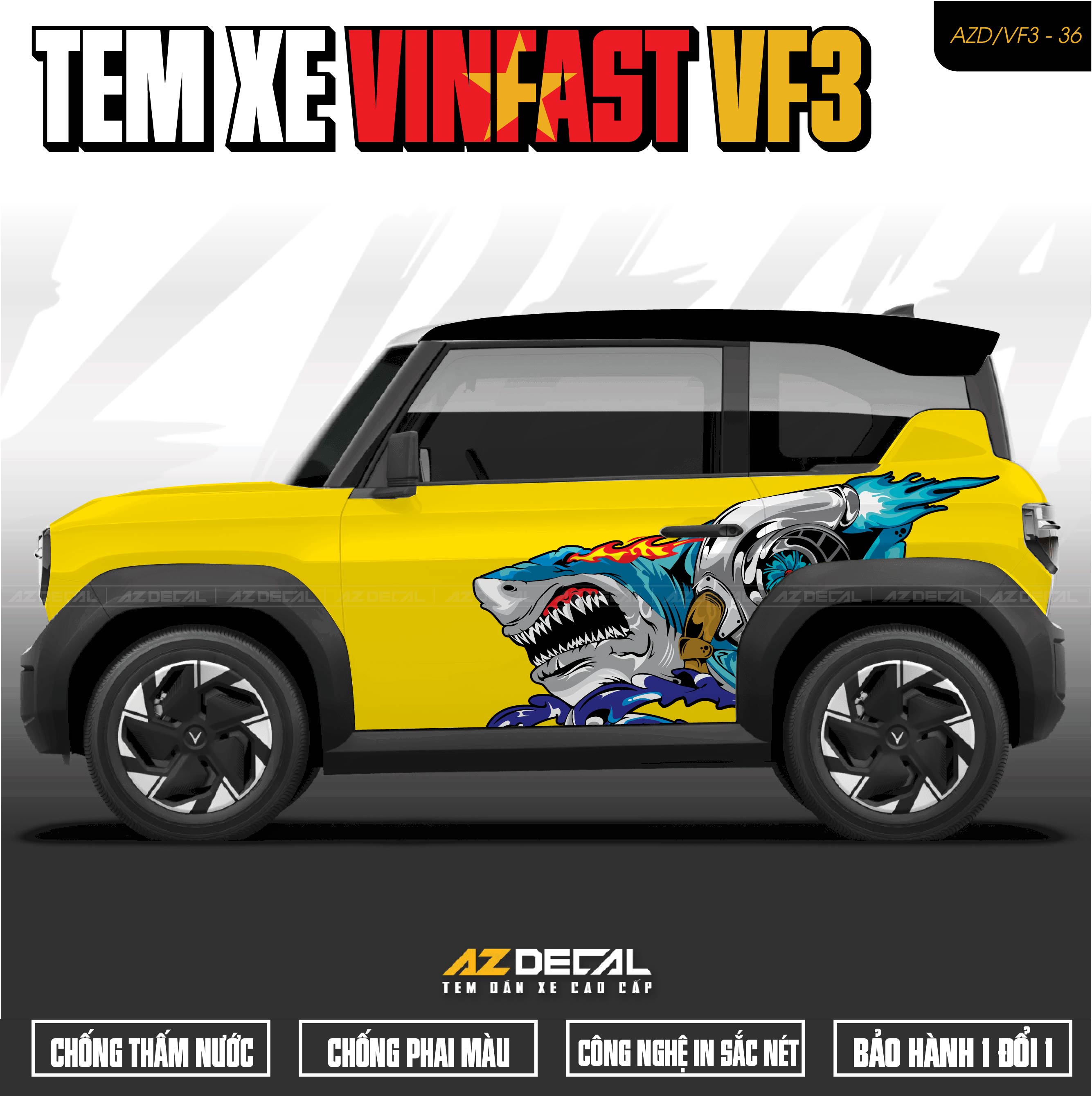 Tem Xe Vinfast VF3 Mẫu VF3-36 Cá Mập - Thiết Kế Theo Yêu Cầu