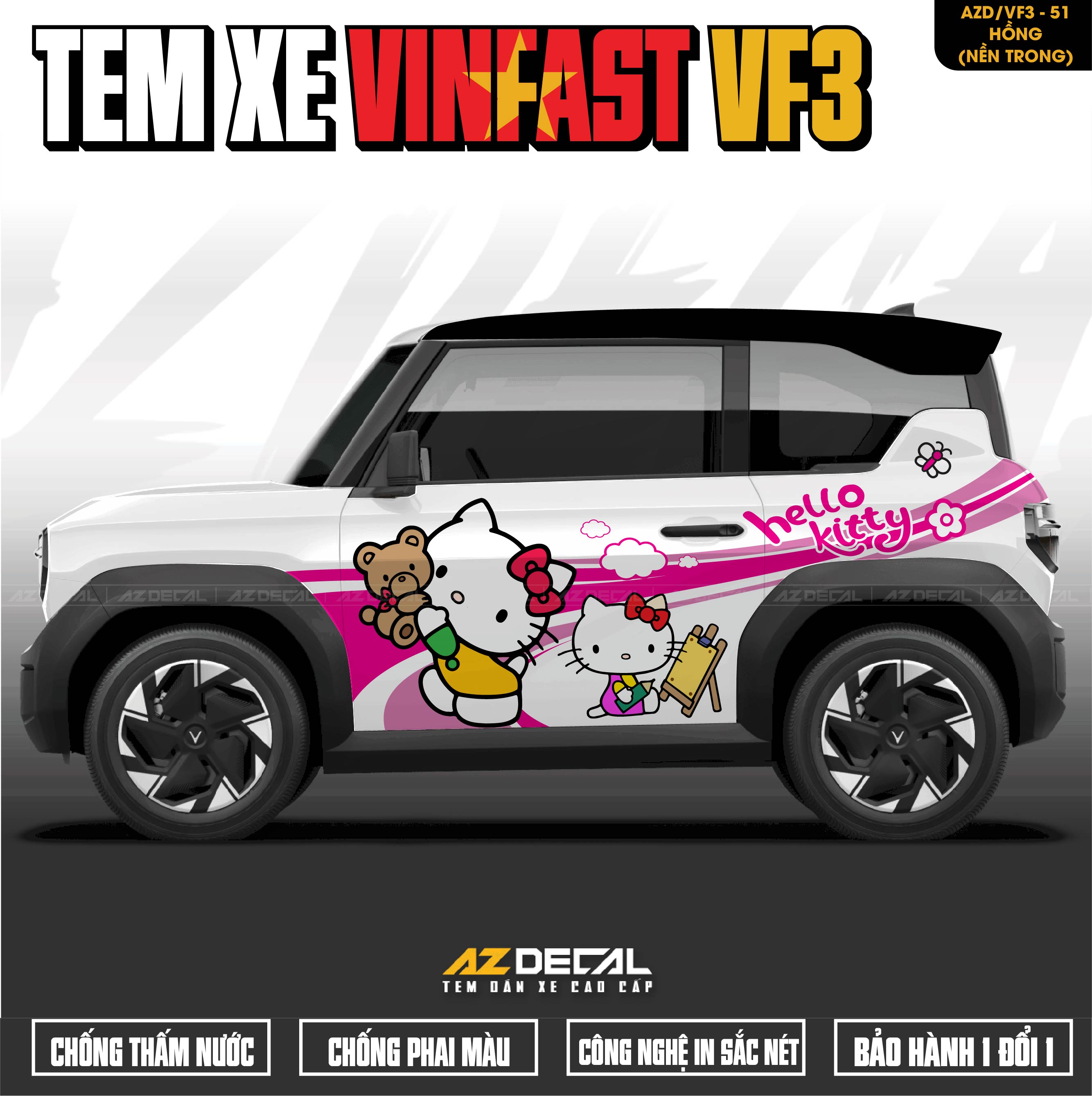Tem Xe Vinfast VF3 Mẫu VF3-51 Hello Kitty - Thiết Kế Theo Yêu Cầu