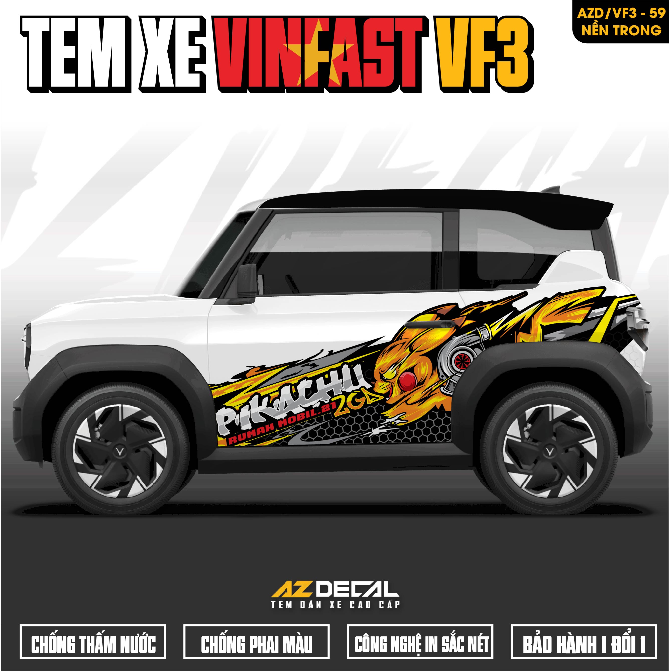 Tem Xe Vinfast VF3 Mẫu VF3-59 Pikachu - Thiết Kế Theo Yêu Cầu