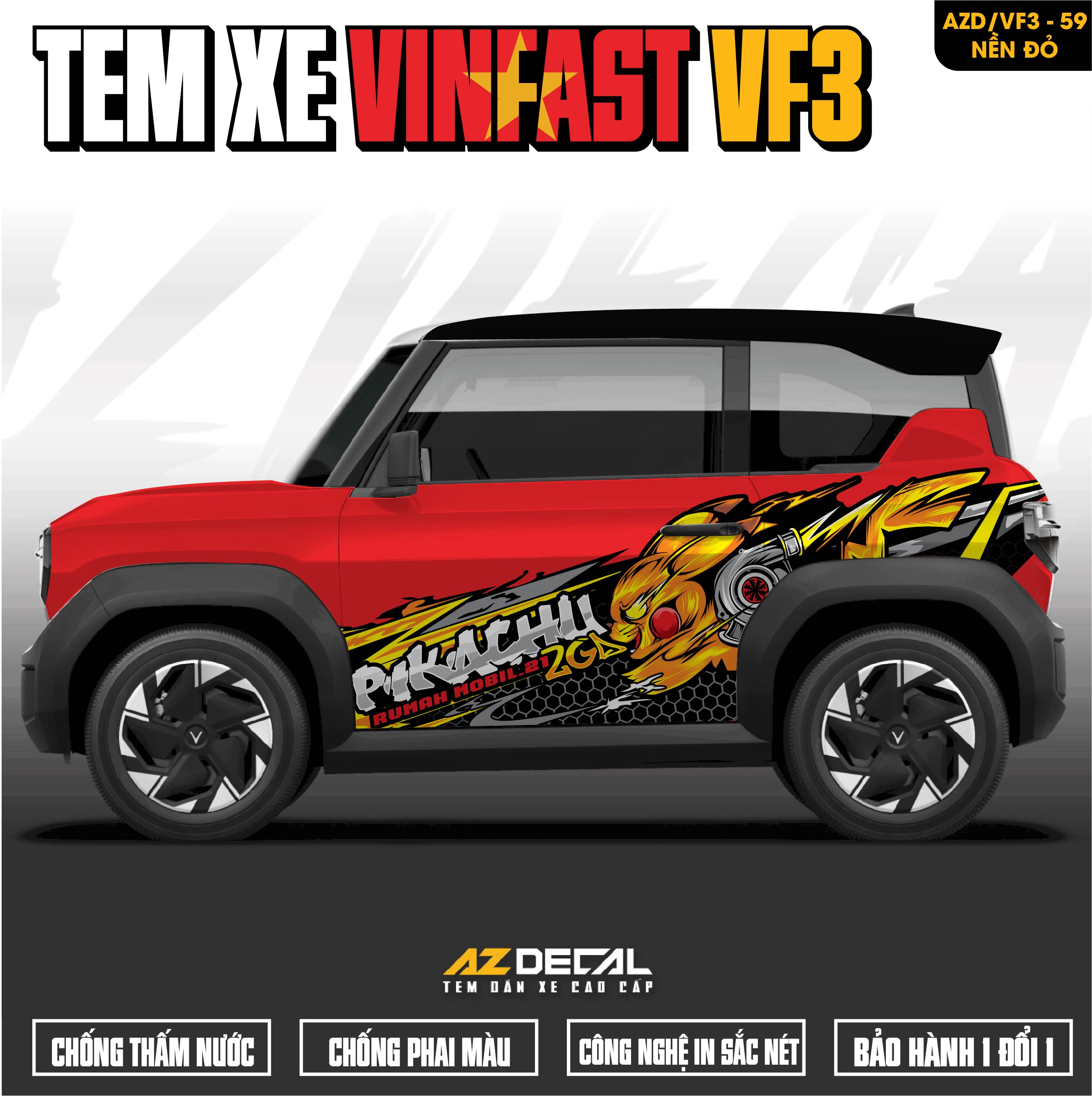 Tem Xe Vinfast VF3 Mẫu VF3-59 Pikachu - Thiết Kế Theo Yêu Cầu