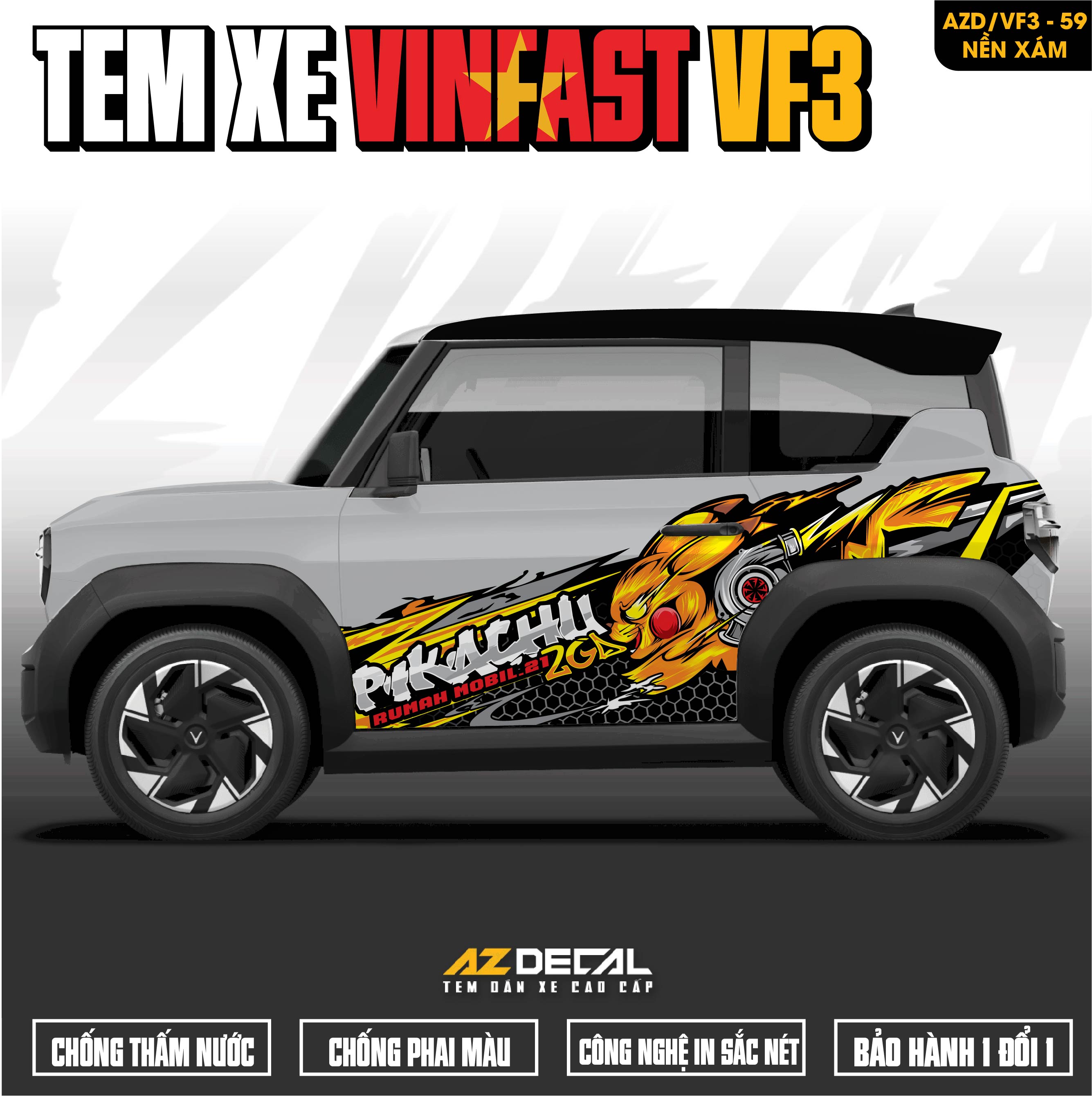 Tem Xe Vinfast VF3 Mẫu VF3-59 Pikachu - Thiết Kế Theo Yêu Cầu