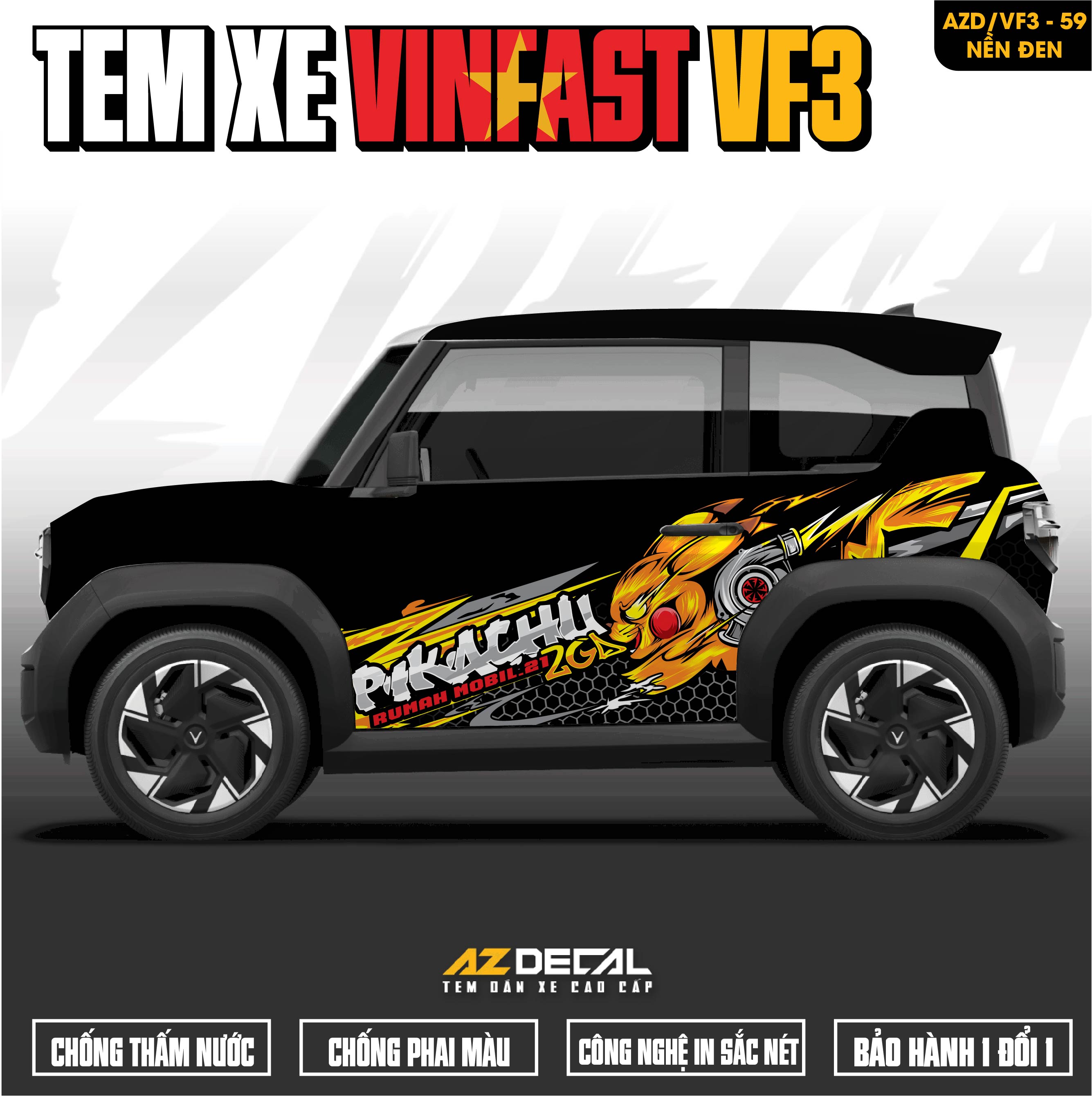 Tem Xe Vinfast VF3 Mẫu VF3-59 Pikachu - Thiết Kế Theo Yêu Cầu