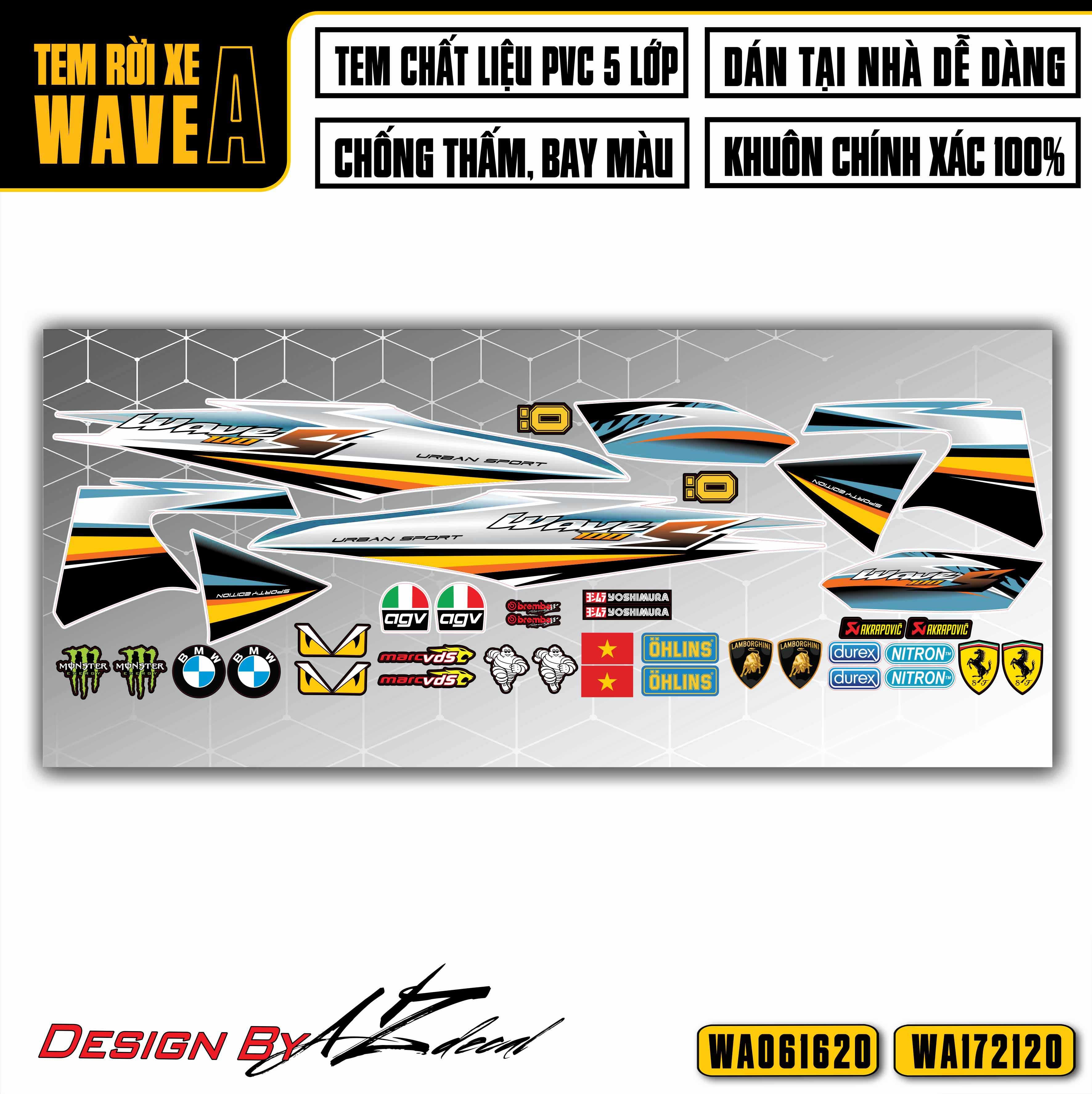 Tem dán xe Wave Alpha màu cam xanh (nền trắng)