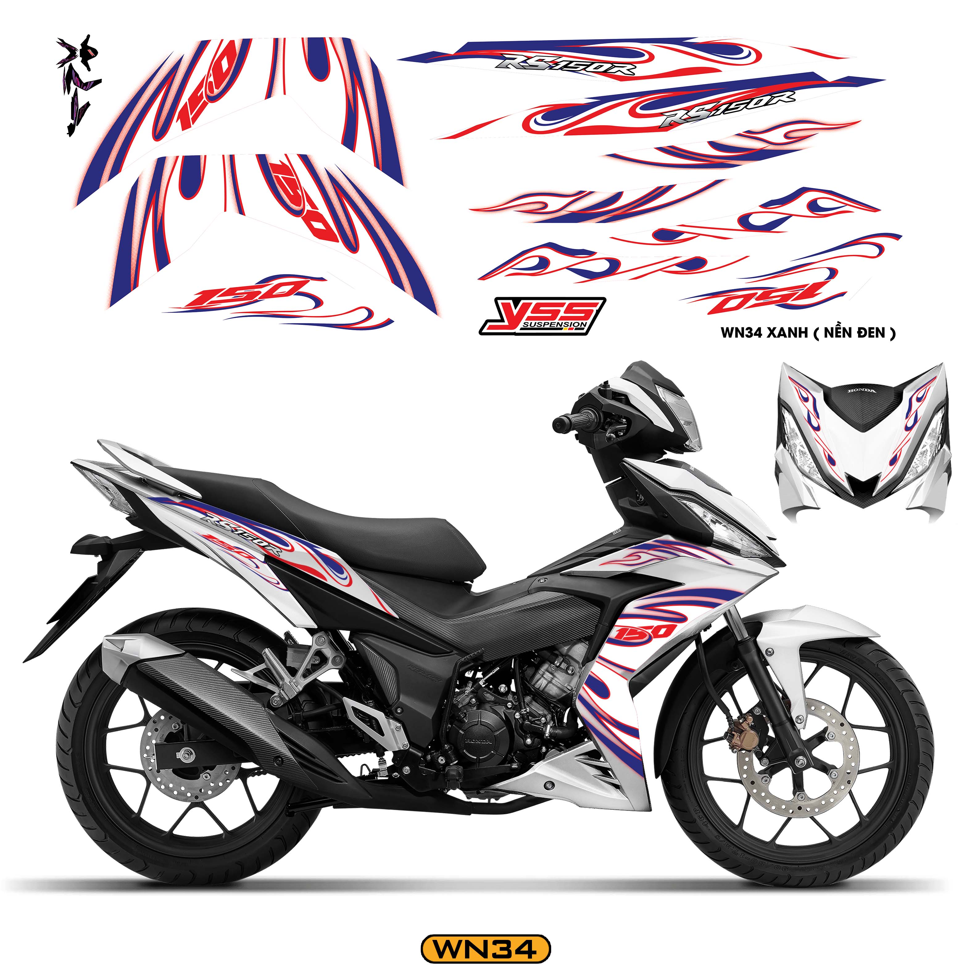 Tem Xe Winner 150 Thiết Kế Ngọn Lửa Cách Điệu màu xanh đỏ