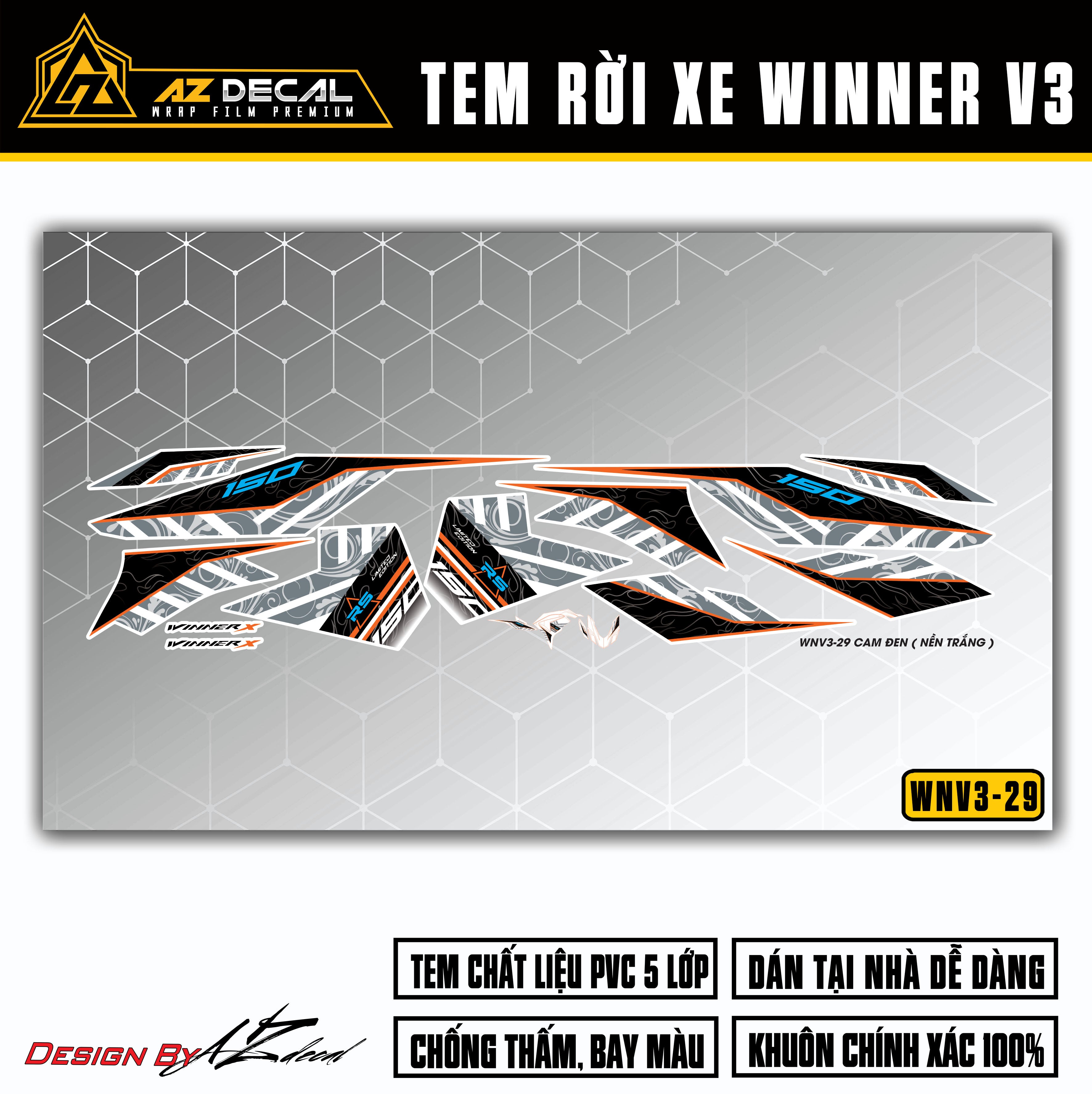 Chi tiết mẫu tem rời Winner v3 cam đen (nền trắng)