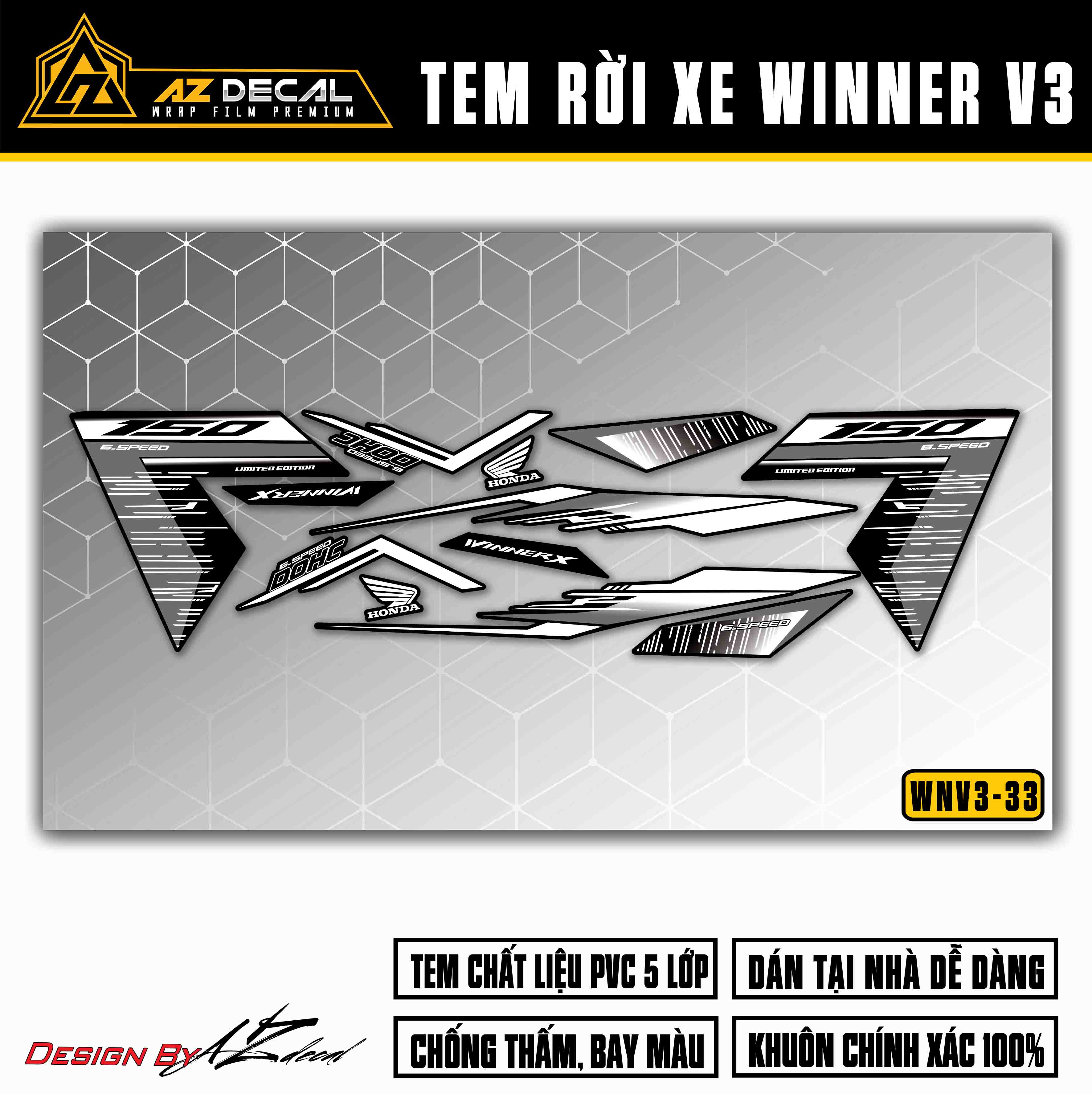 Chi tiết mẫu tem dán xe Winner X v3 đen trắng