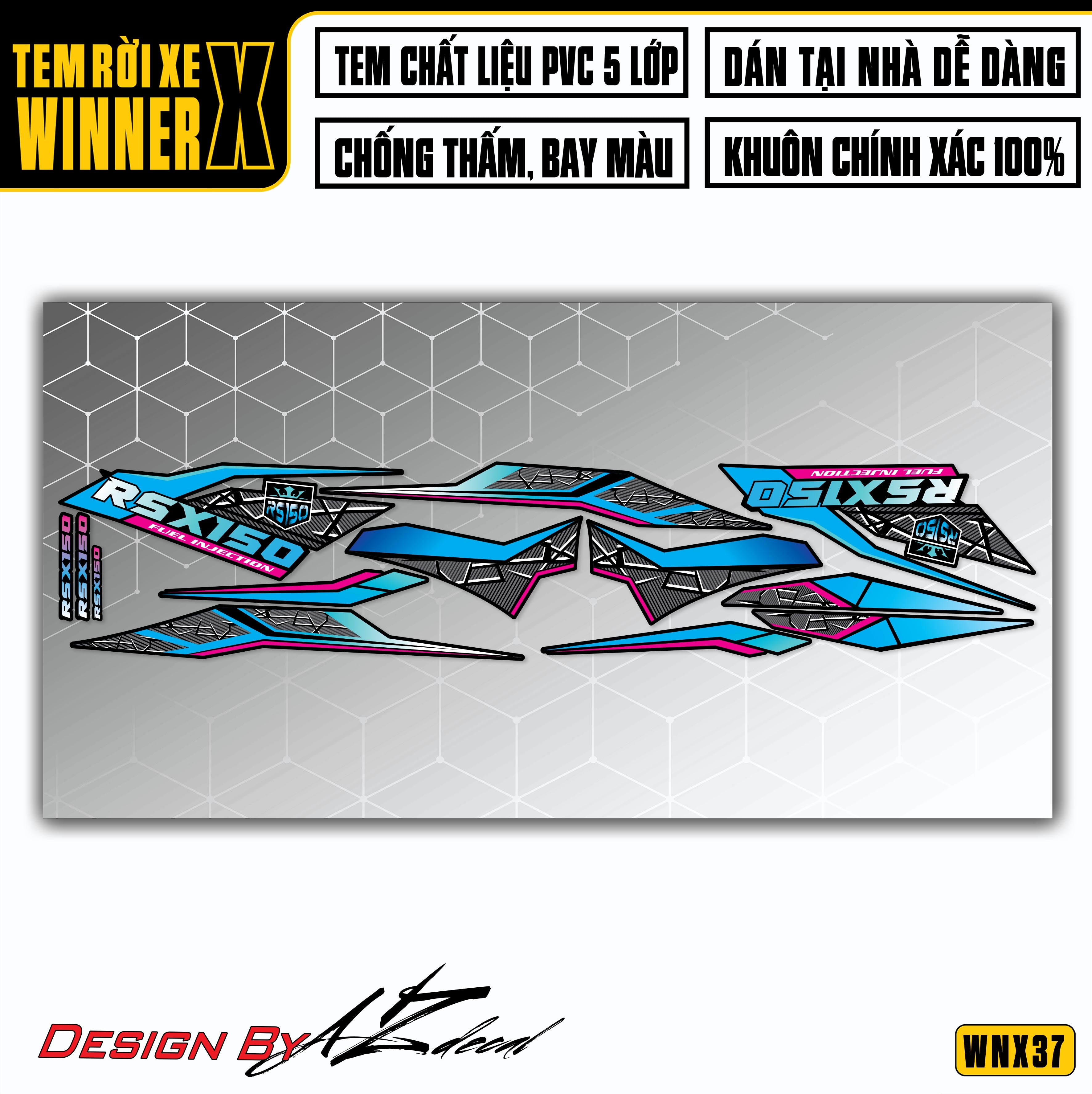 Chi tiết tem dán Winner X đen chủ đề RSX150 phối màu xanh hồng