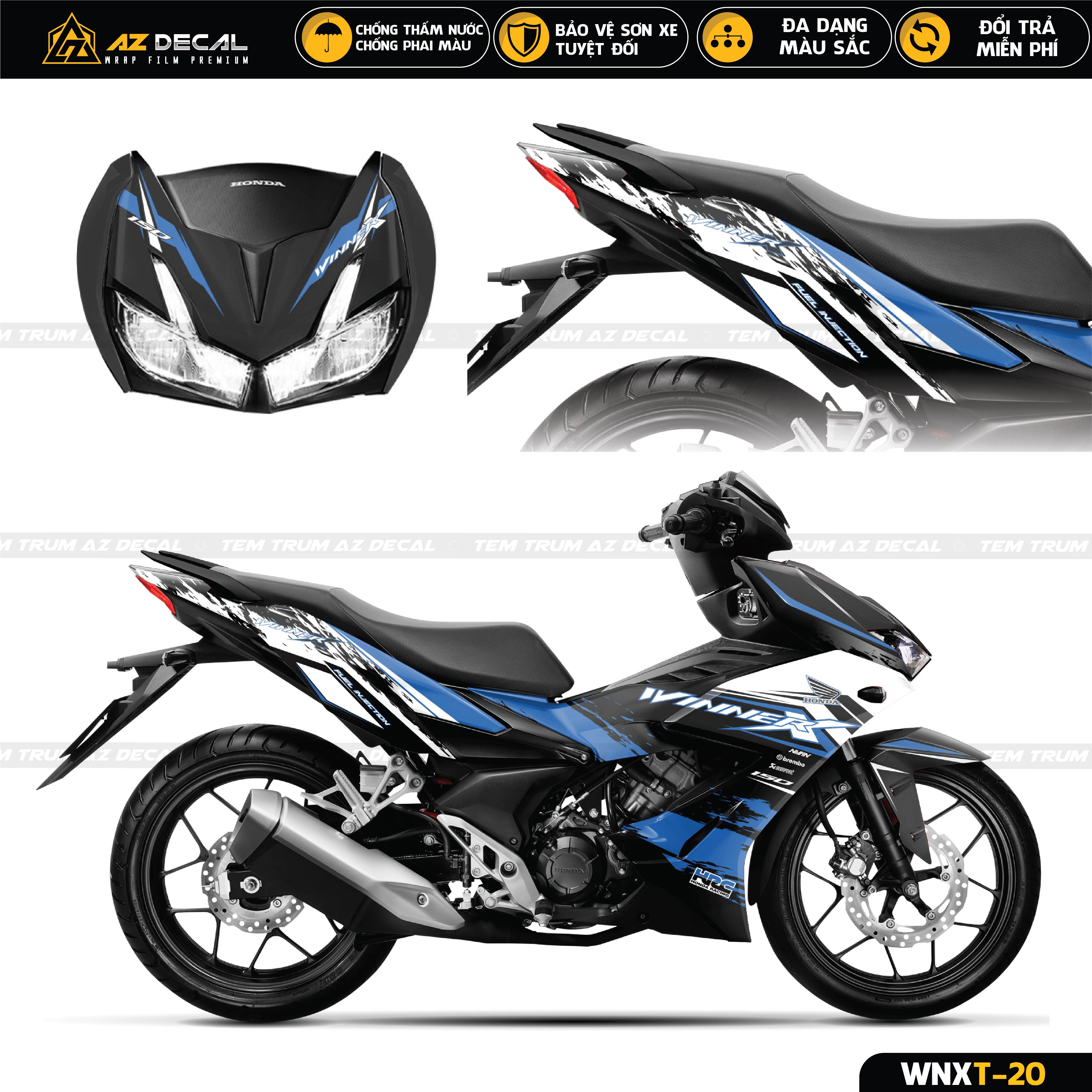 Decal dán trùm xe Winner X màu xanh dương đen