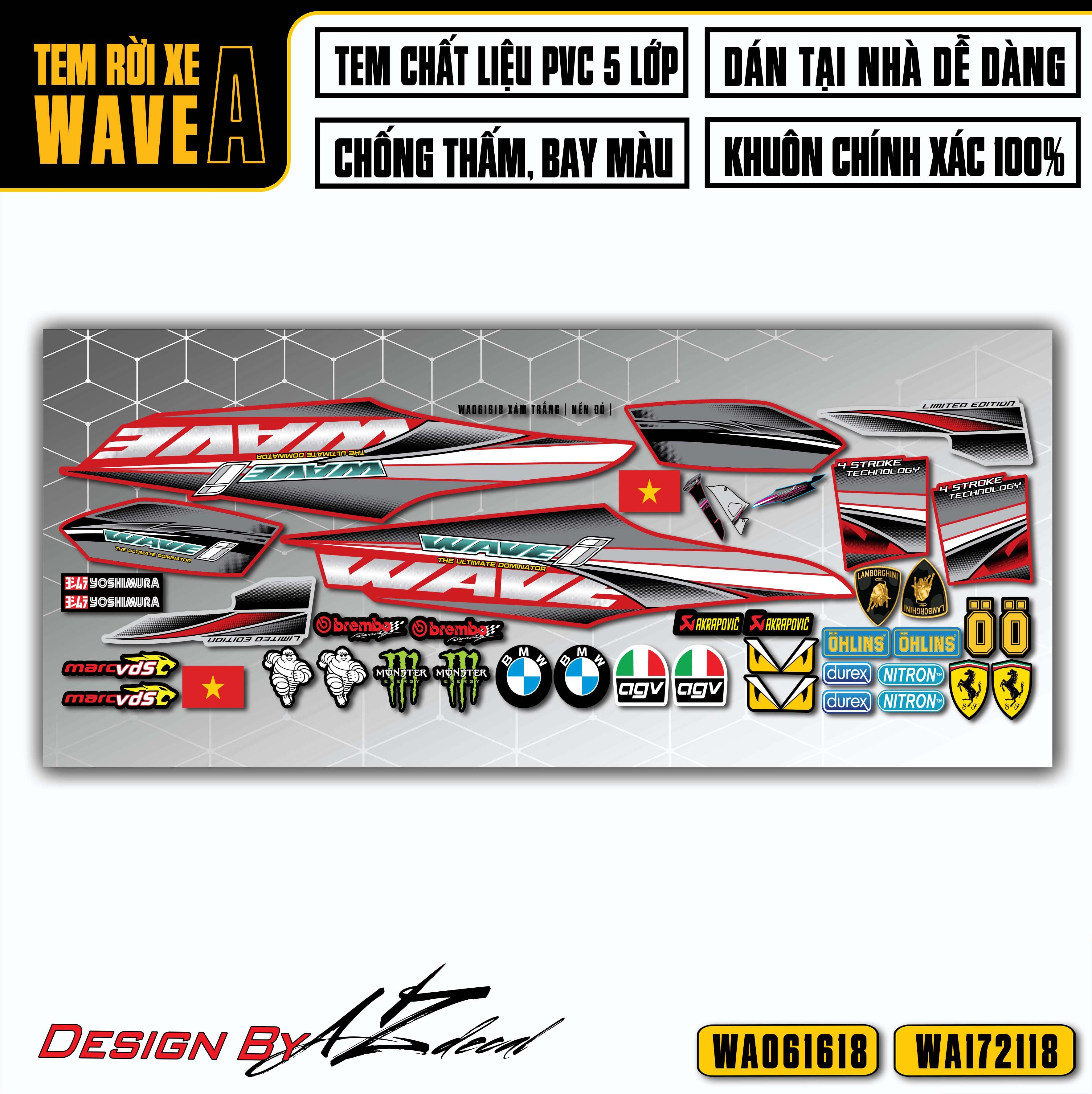 Decal xe Wave Alpha đẹp màu xàm trắng (nền đỏ)