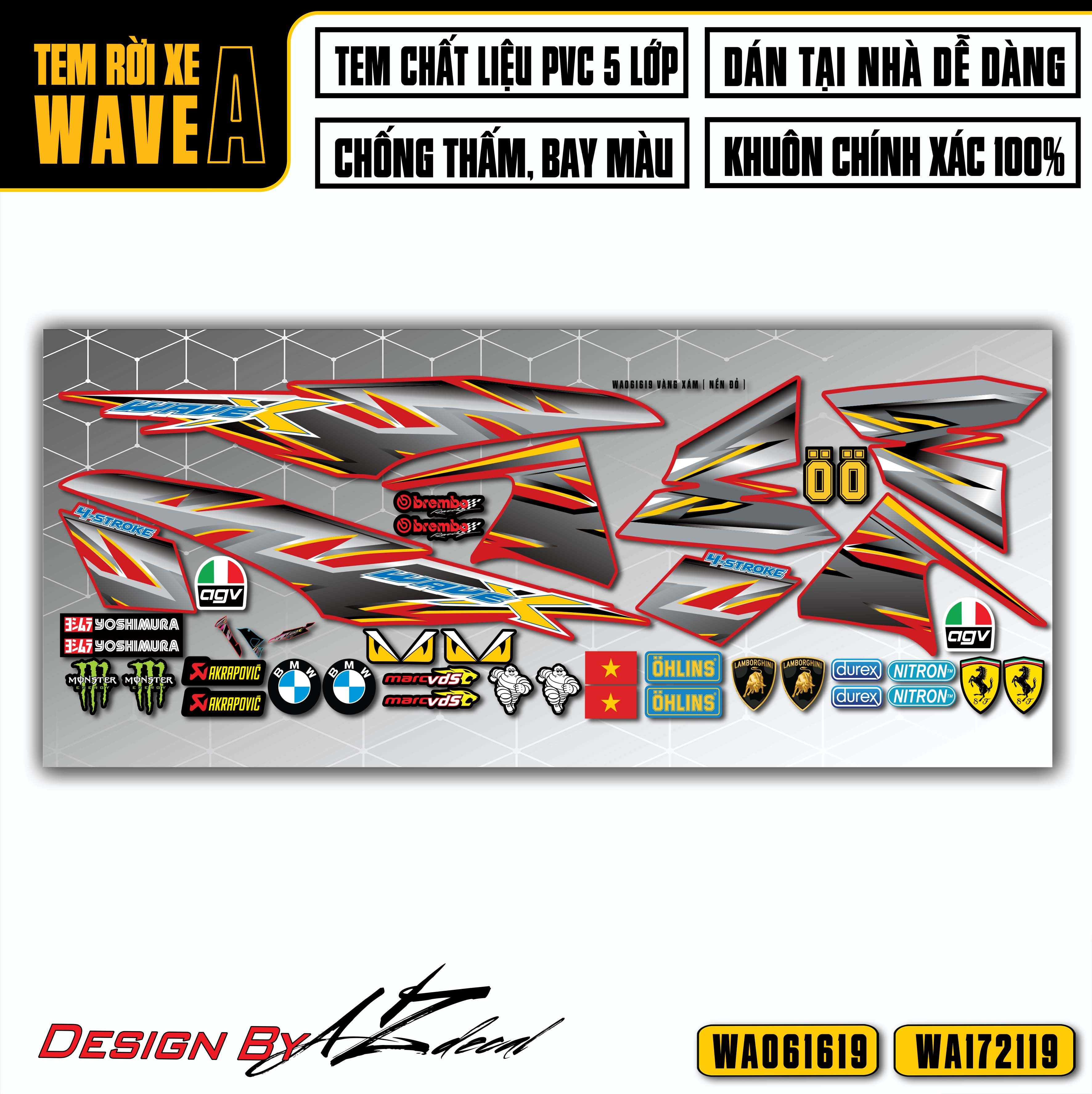 Tem xe Wave Alpha mẫu chữ X dán cho xe đỏ