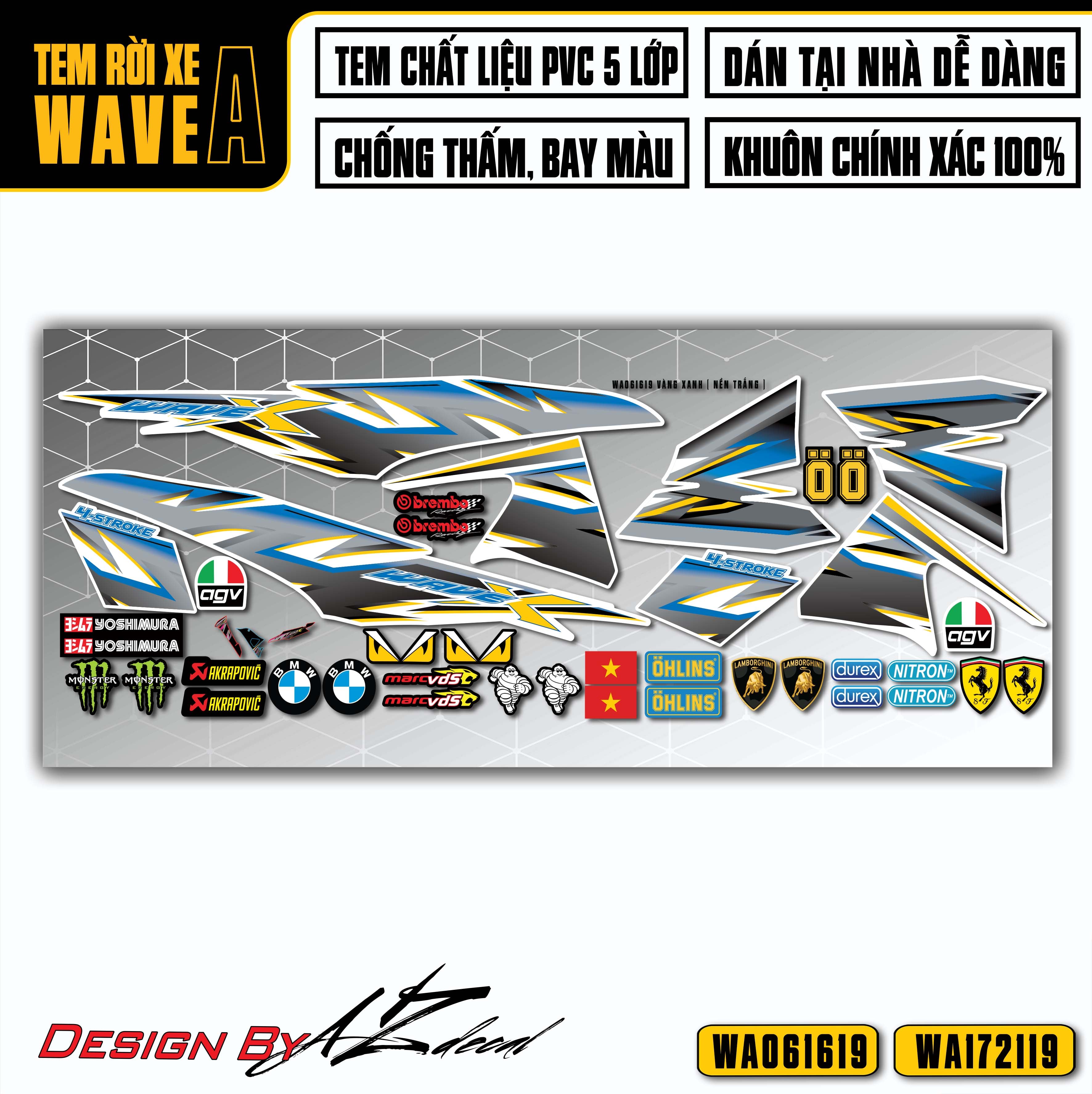 Tem dán xe Wave Alpha màu xám vàng (nền trắng)