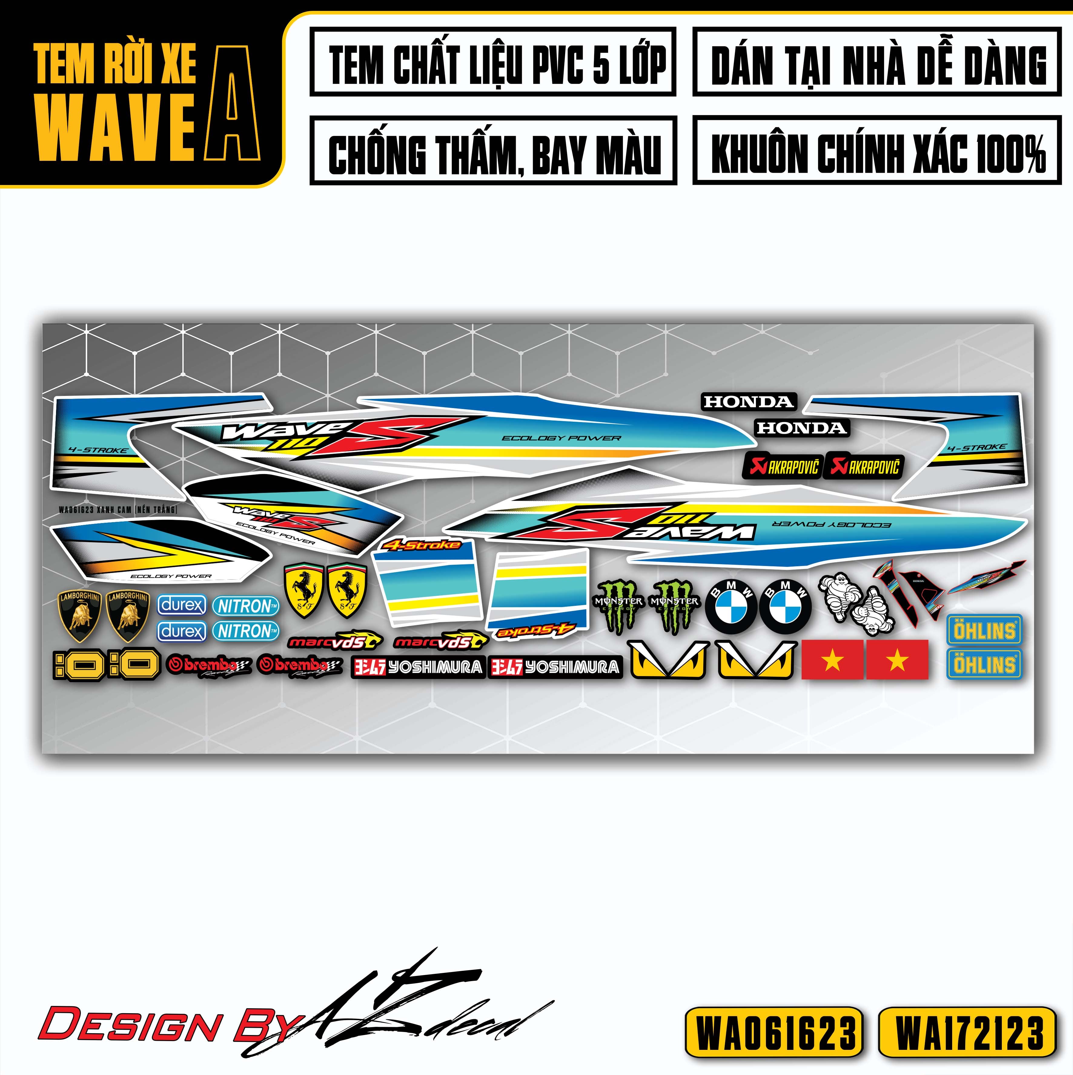 Tem xanh cam trắng dán xe Honda Wave Alpha 100 110