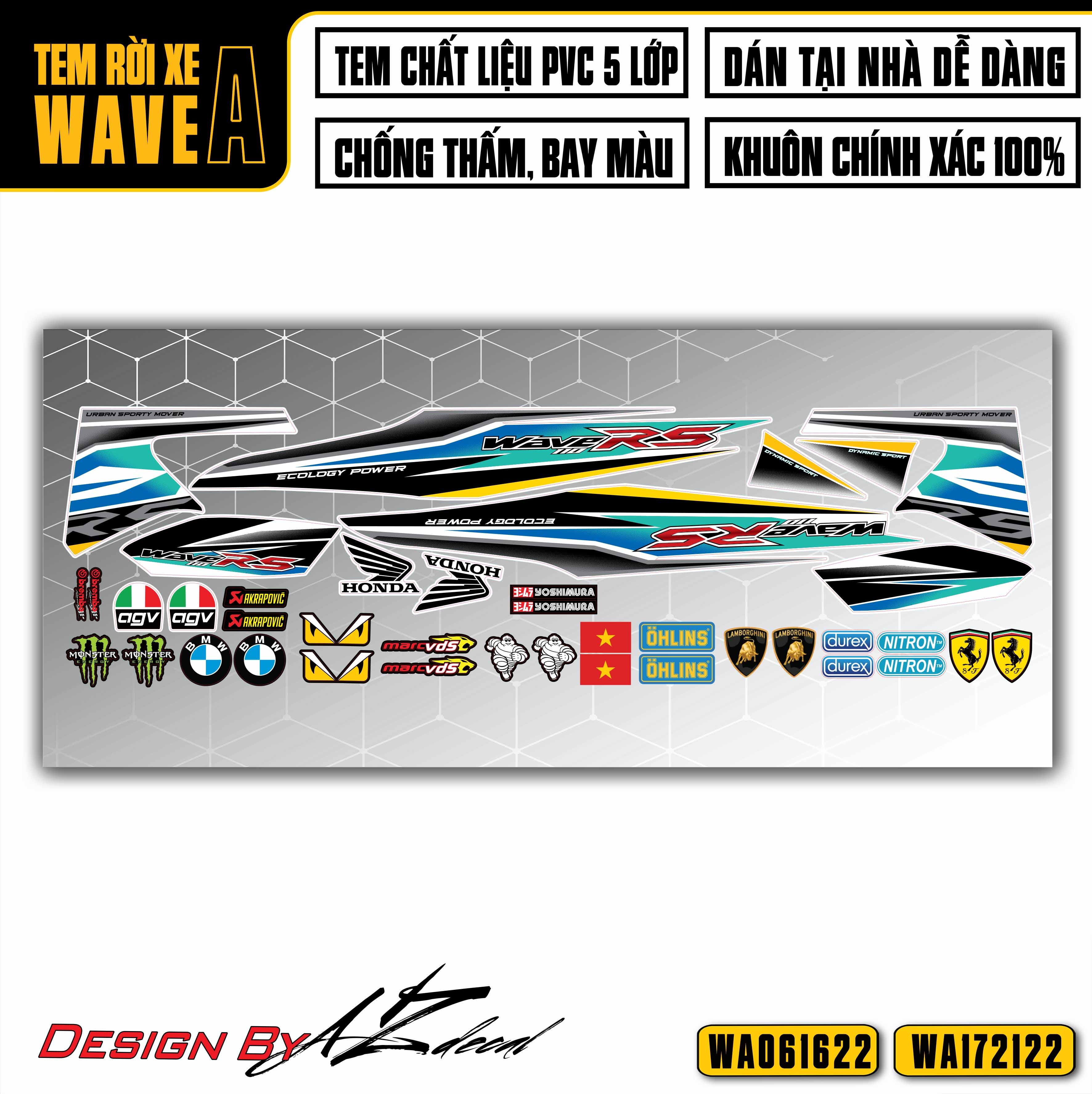 Chi tiết mẫu tem xe Wave A xanh đen vàng (nền trắng)