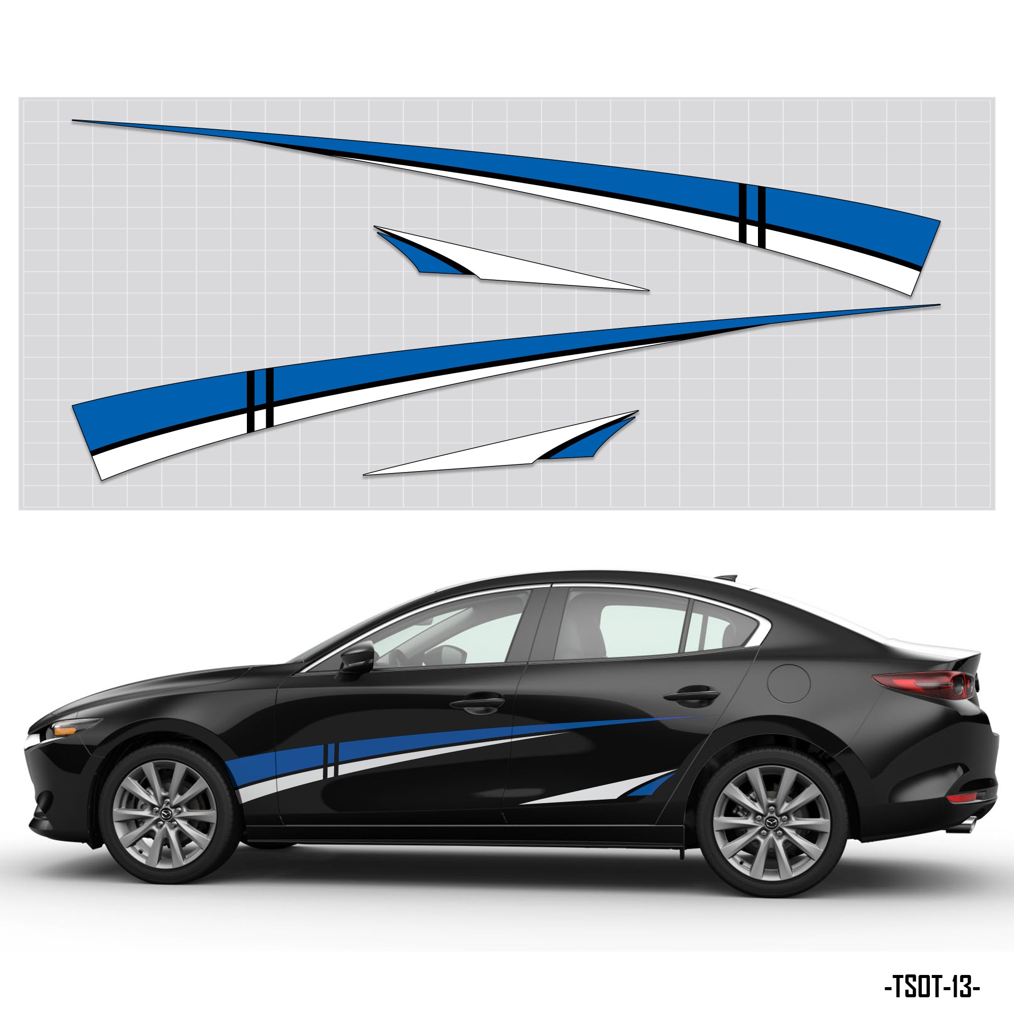 Tem xe sườn ô tô xanh trắng dán xe đen phong cách năng động