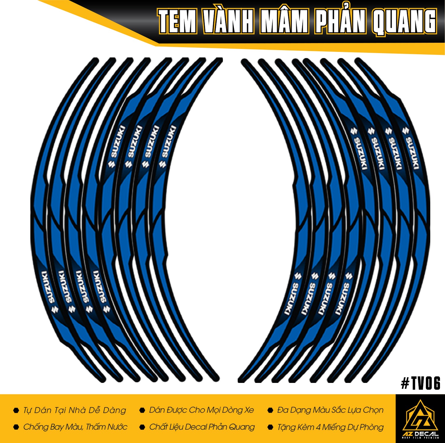 Tem chỉ mâm Suzuki màu xanh phản quang