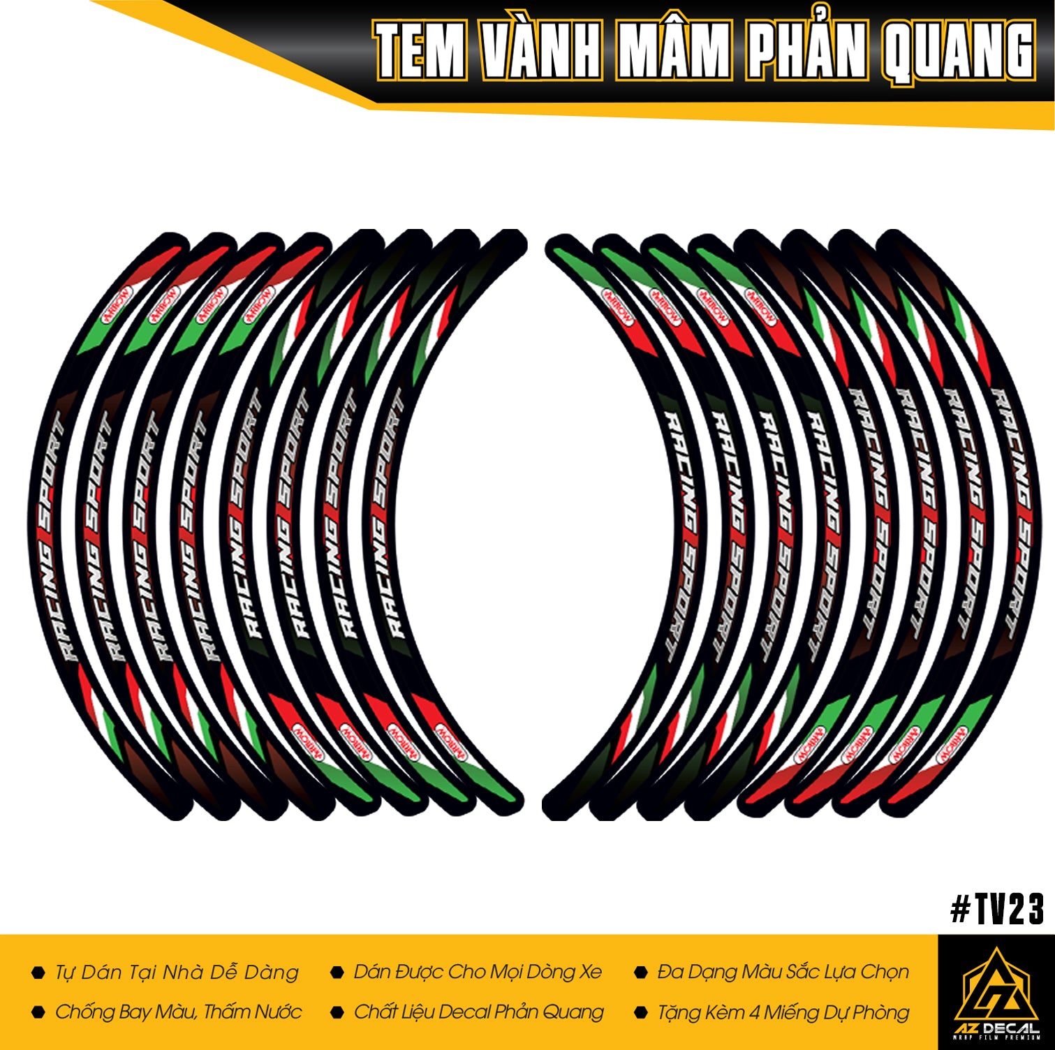 Tem dán vành phản quang mẫu Racing Sport Xanh Trắng Đỏ
