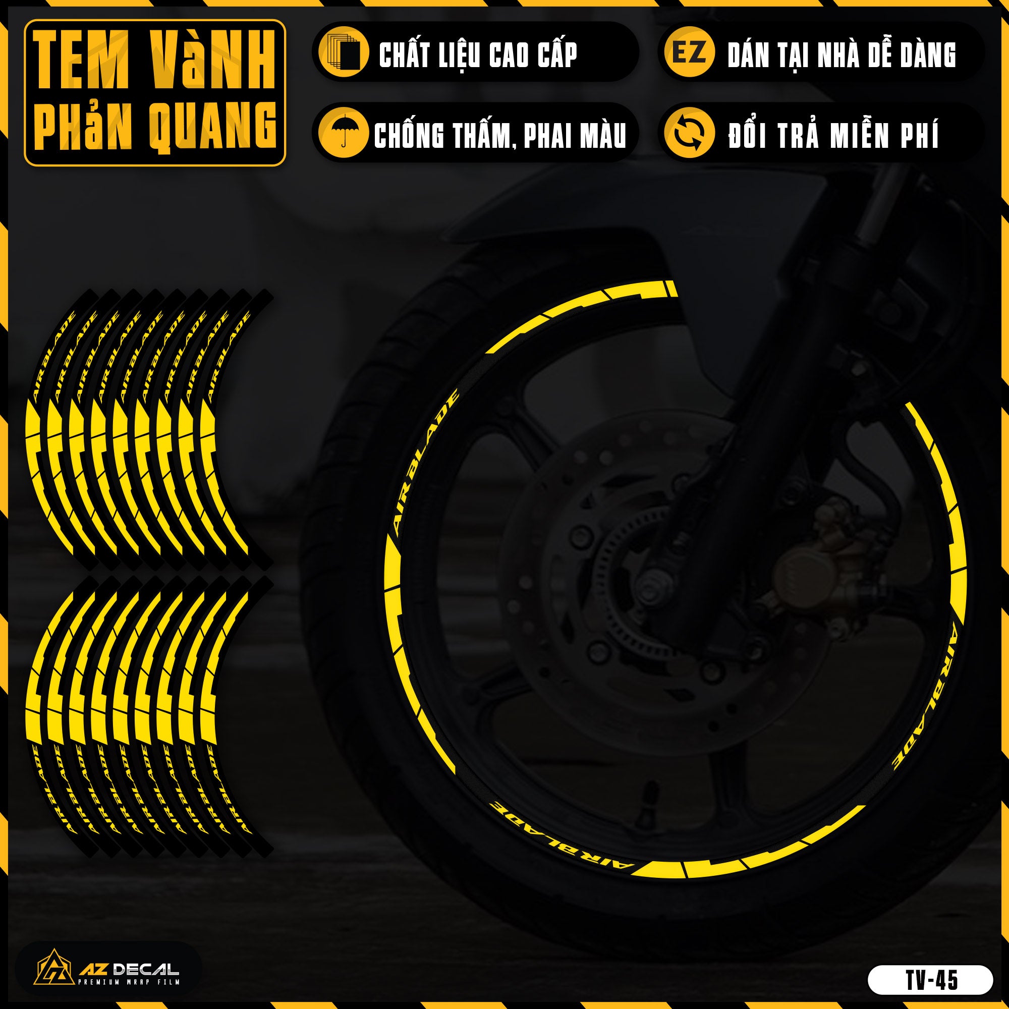 Tem dán vành xe AIR BLADE phản quang TV45 vàng