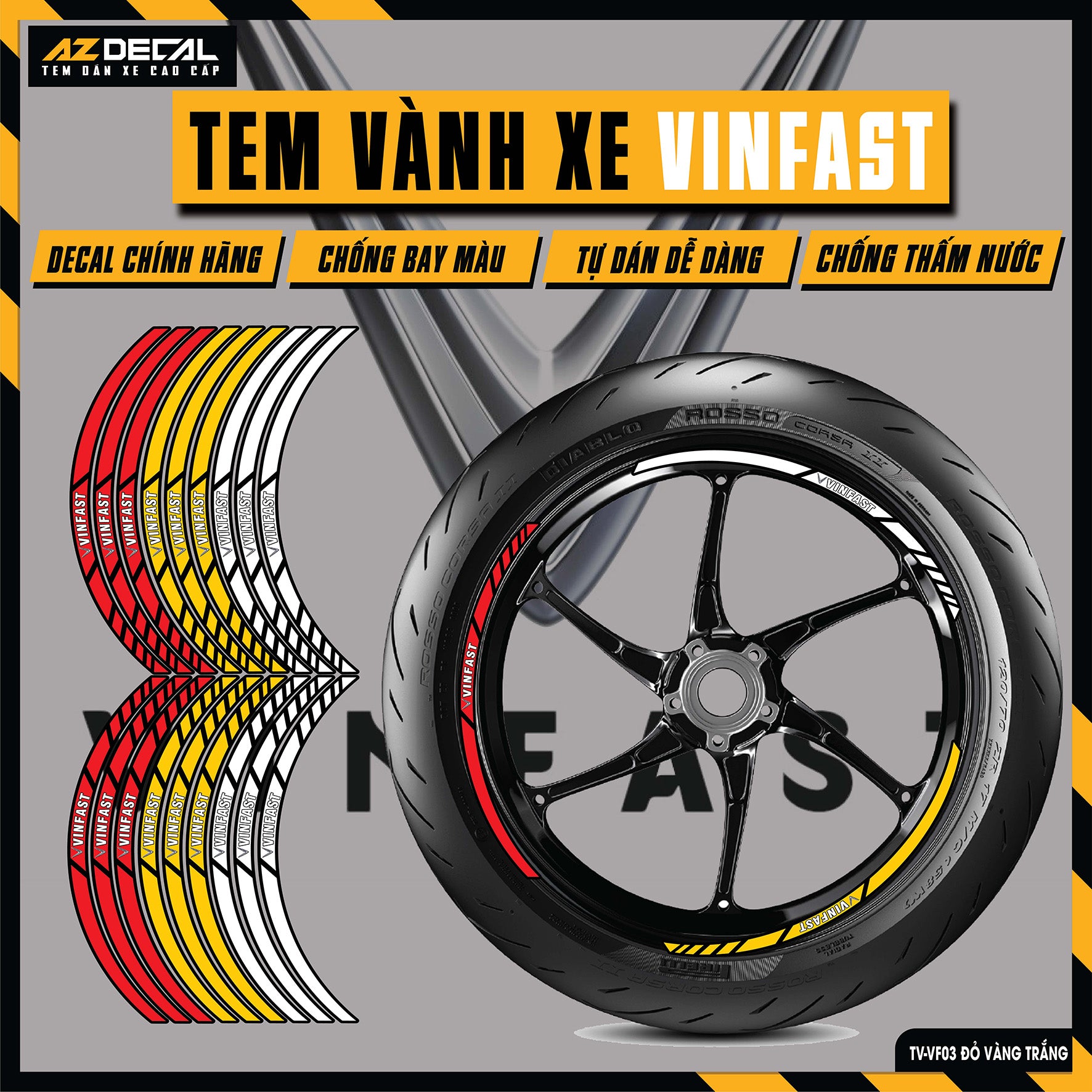 Tem Dán Vành VINFAST | TV-VF03 đỏ vàng trắng