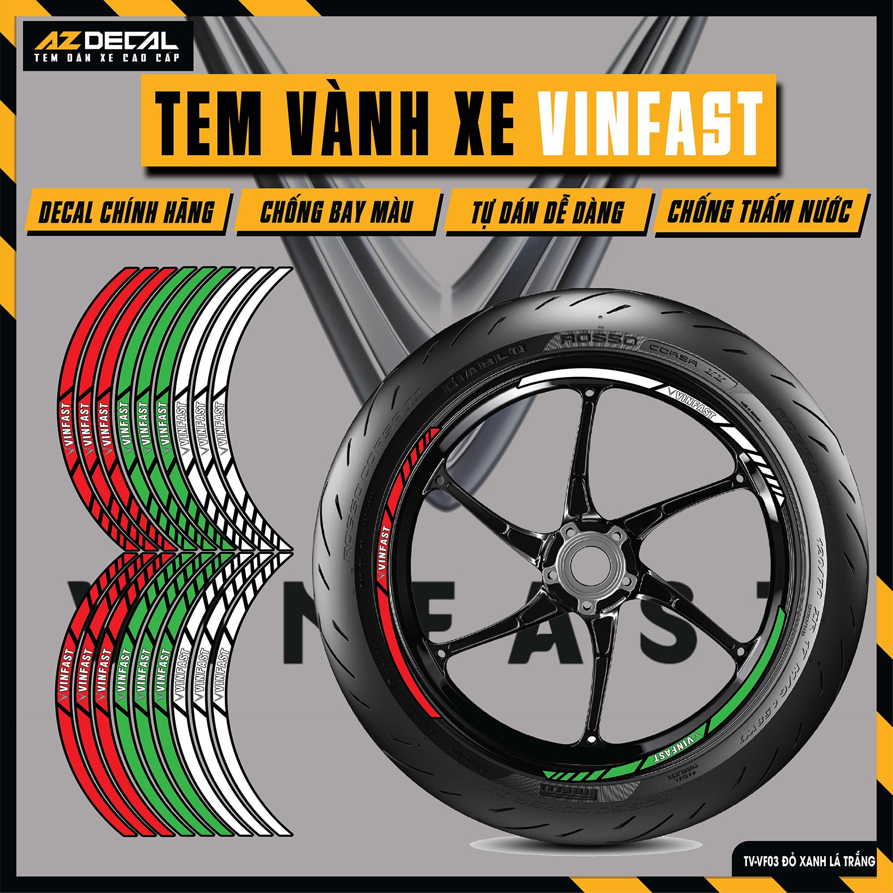 Tem Dán Vành VINFAST | TV-VF03 đỏ xanh lá trắng