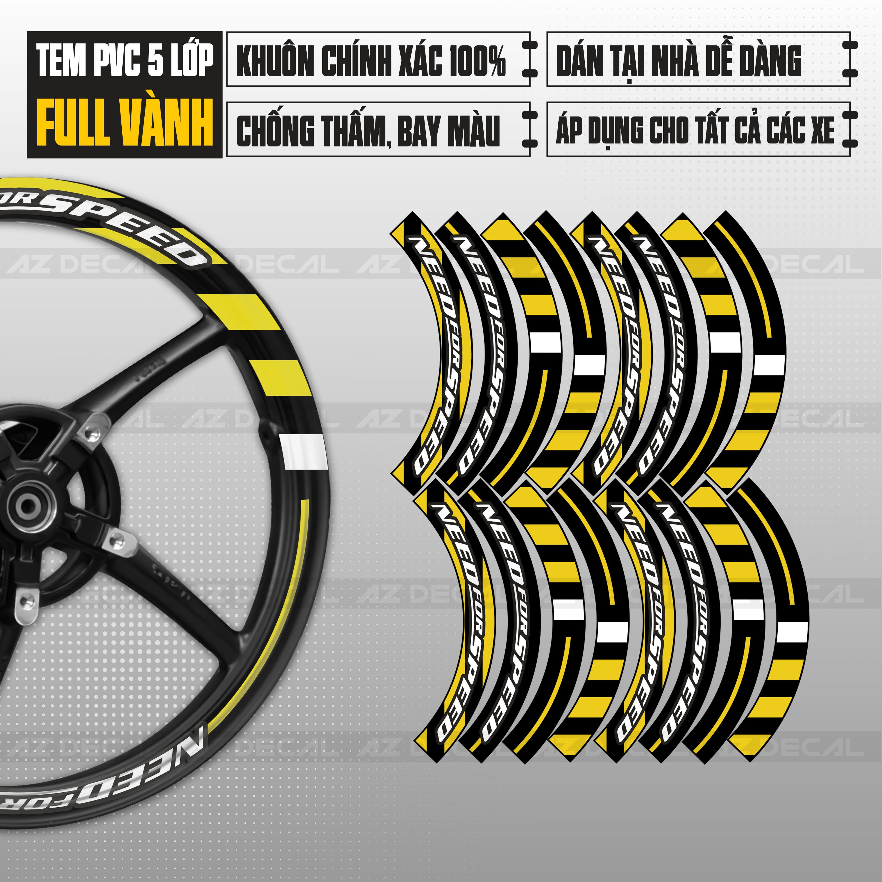 Decal dán vành xe máy mẫu Need For Speed màu vàng