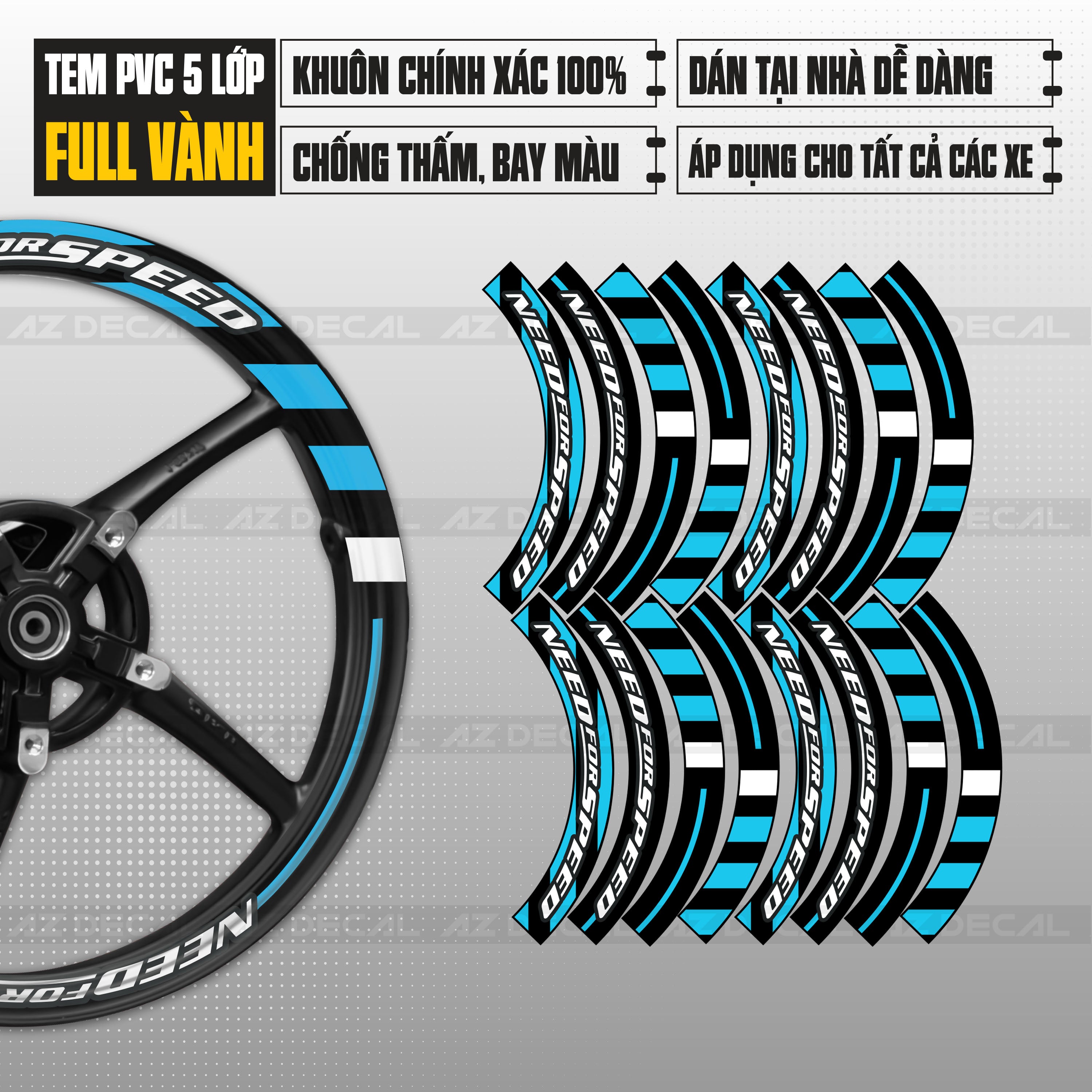 Tem dán vành xe máy đẹp màu xanh mẫu Need For Speed