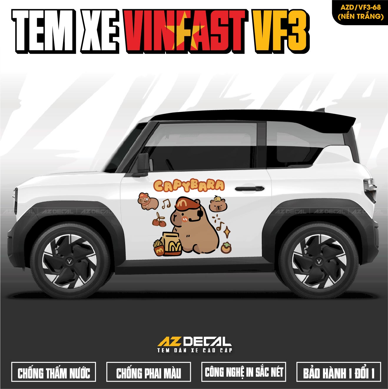Tem Xe Vinfast VF3 Mẫu VF3-68 Capybara - Thiết Kế Theo Yêu Cầu