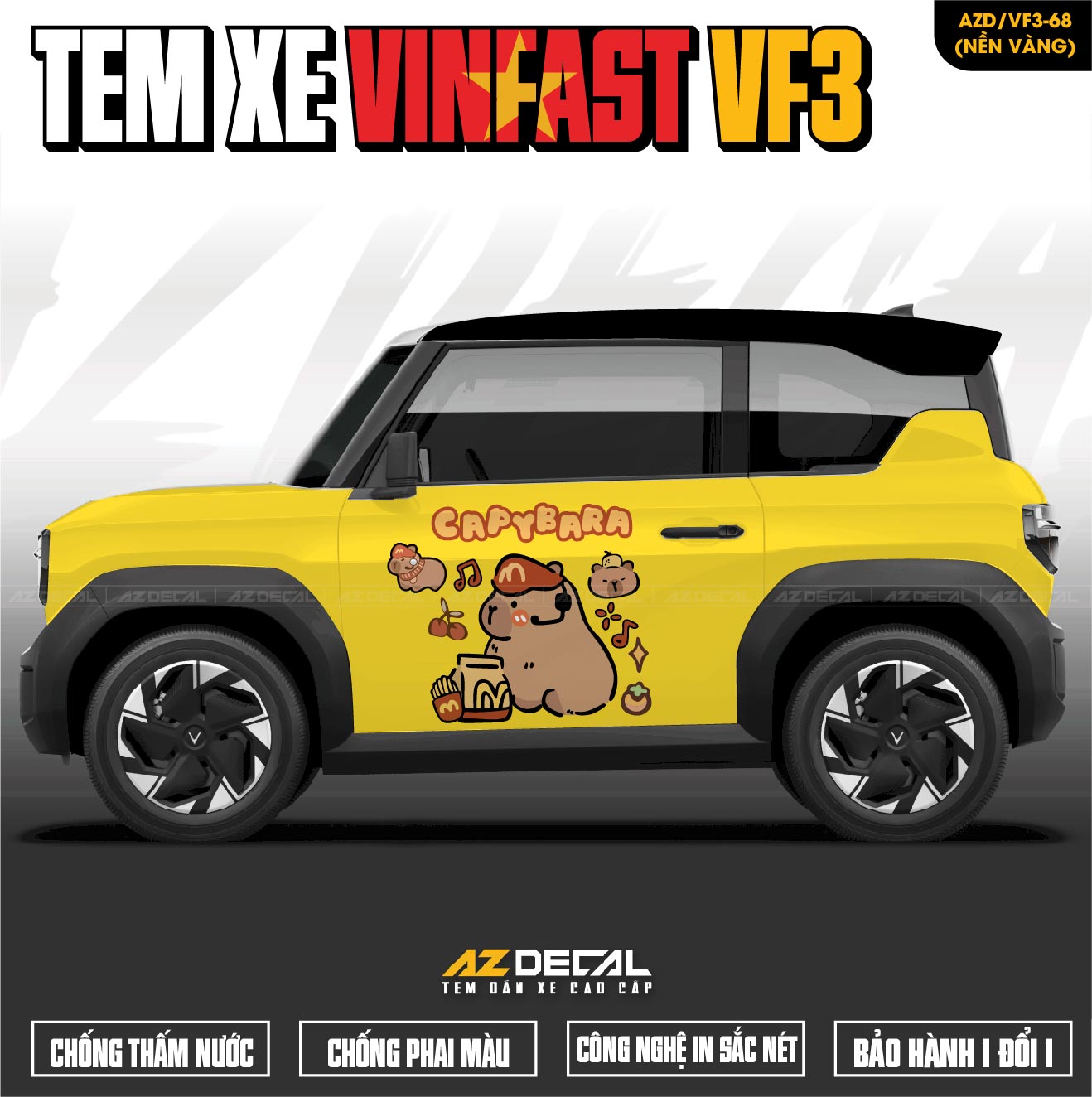 Tem Xe Vinfast VF3 Mẫu VF3-68 Capybara - Thiết Kế Theo Yêu Cầu