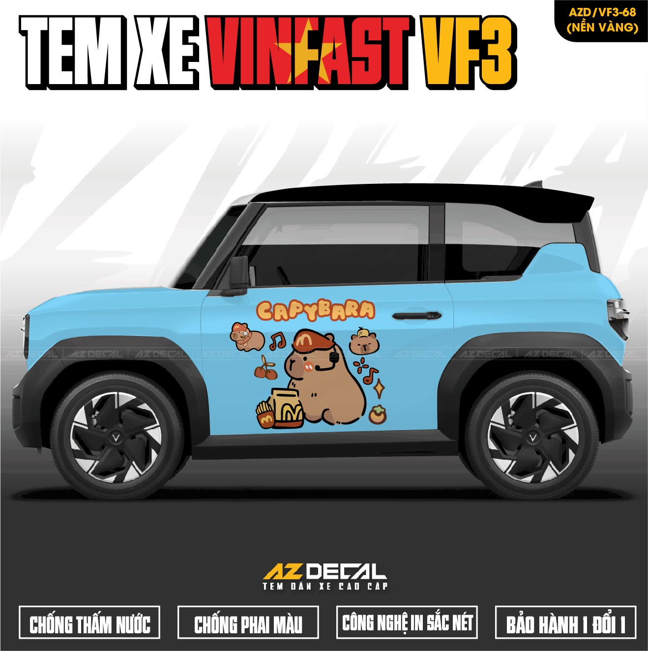 Tem Xe Vinfast VF3 Mẫu VF3-68 Capybara - Thiết Kế Theo Yêu Cầu