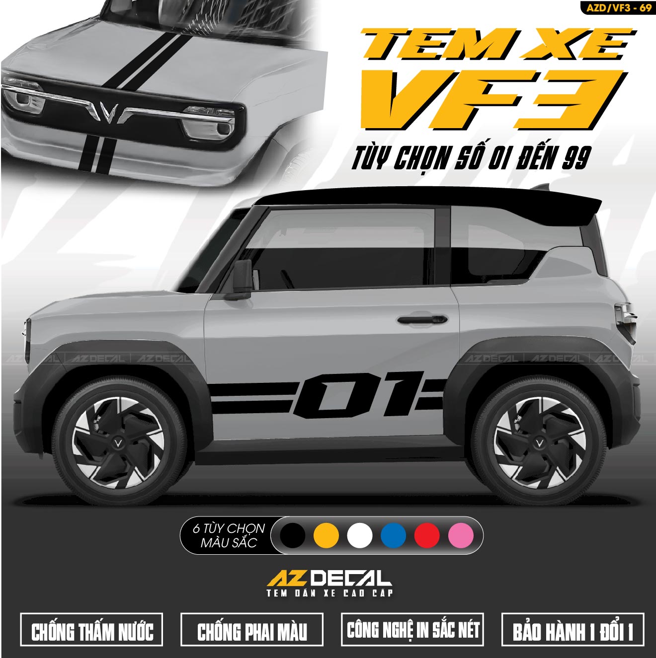 Dán tem xe Vinfast VF3 mẫu VF3-69 Số Tự Chọn
