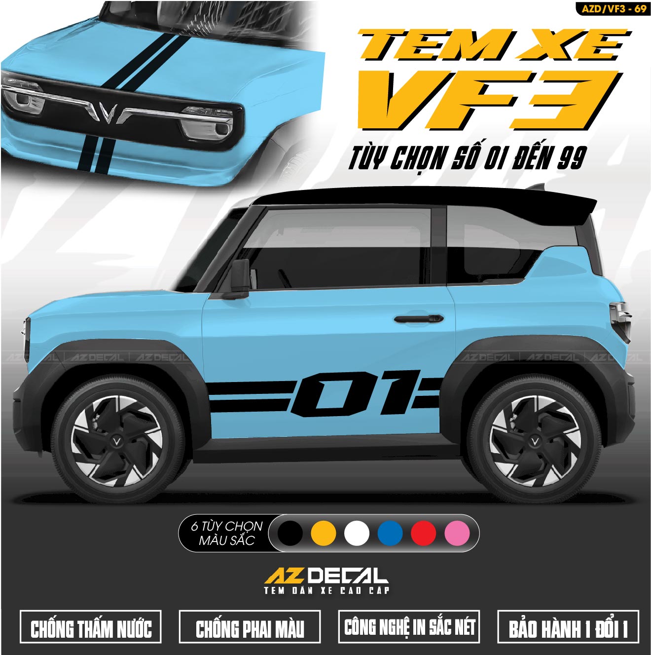 Dán tem xe Vinfast VF3 mẫu VF3-69 Số Tự Chọn