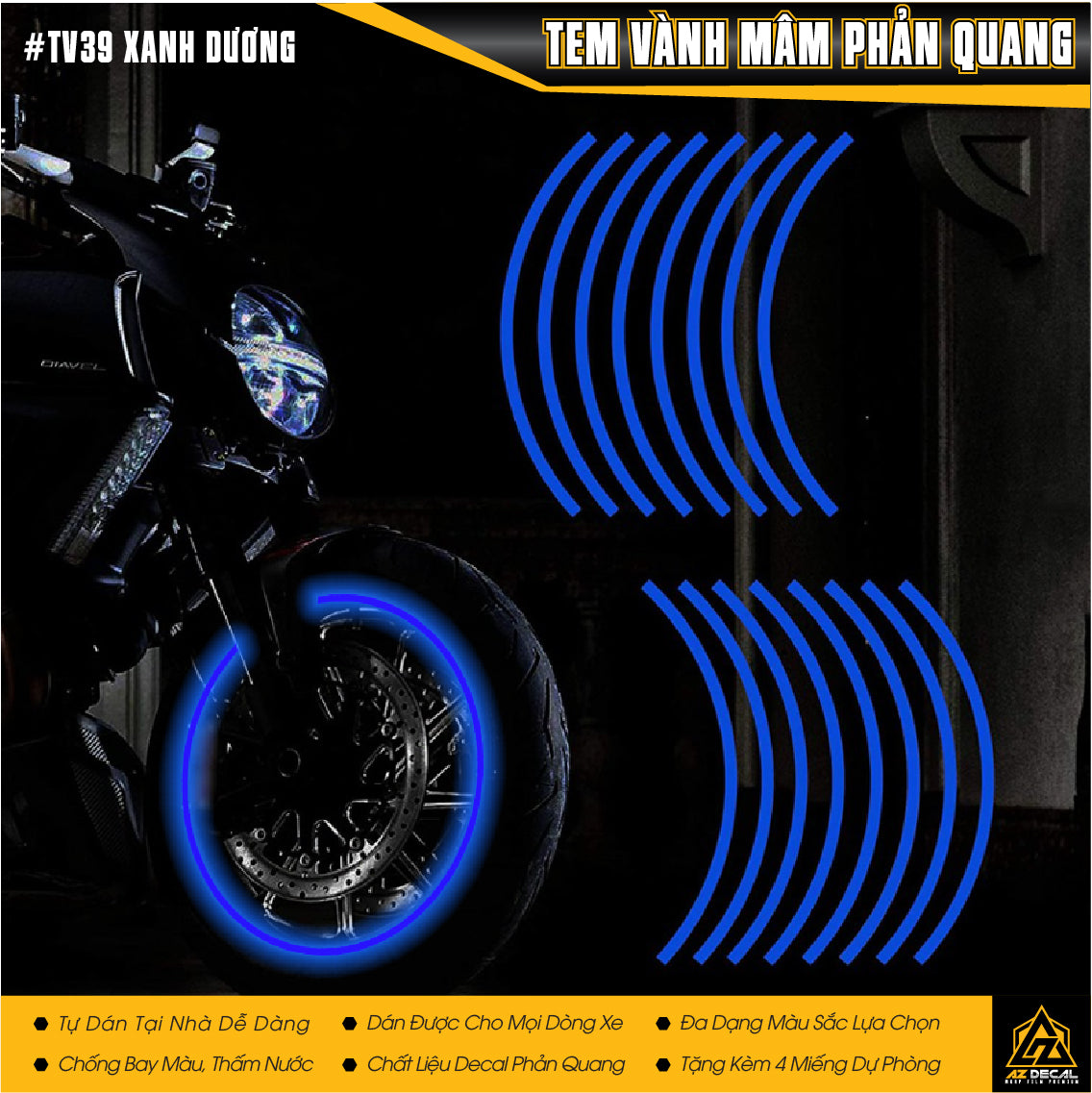 Tem vành xe máy phản quang màu xanh