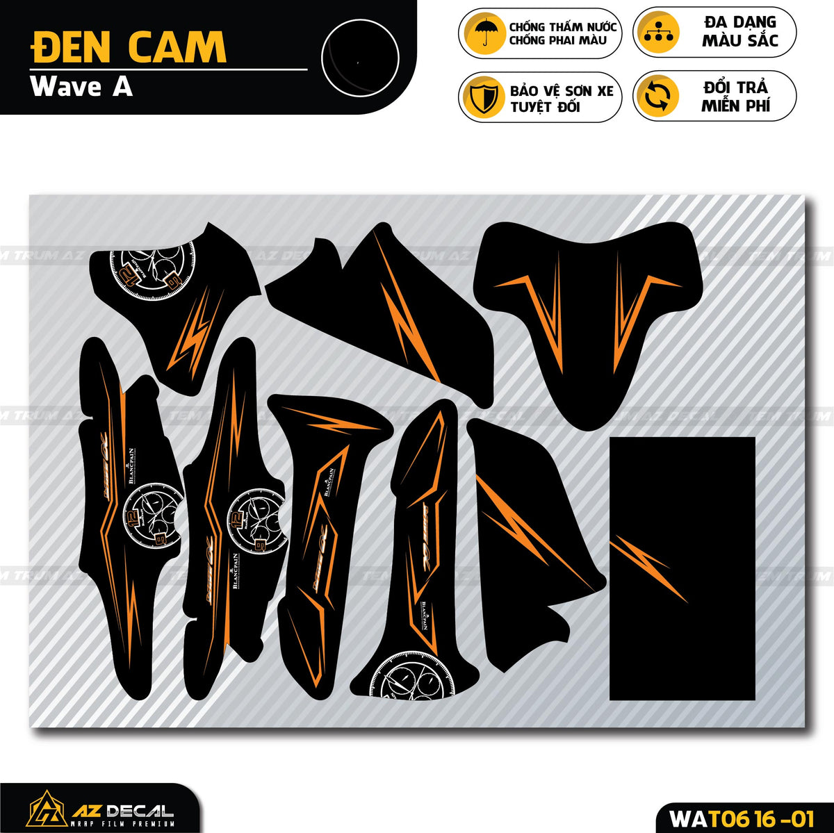 Mẫu decal dán trùm Wave A màu đen cam cao cấp