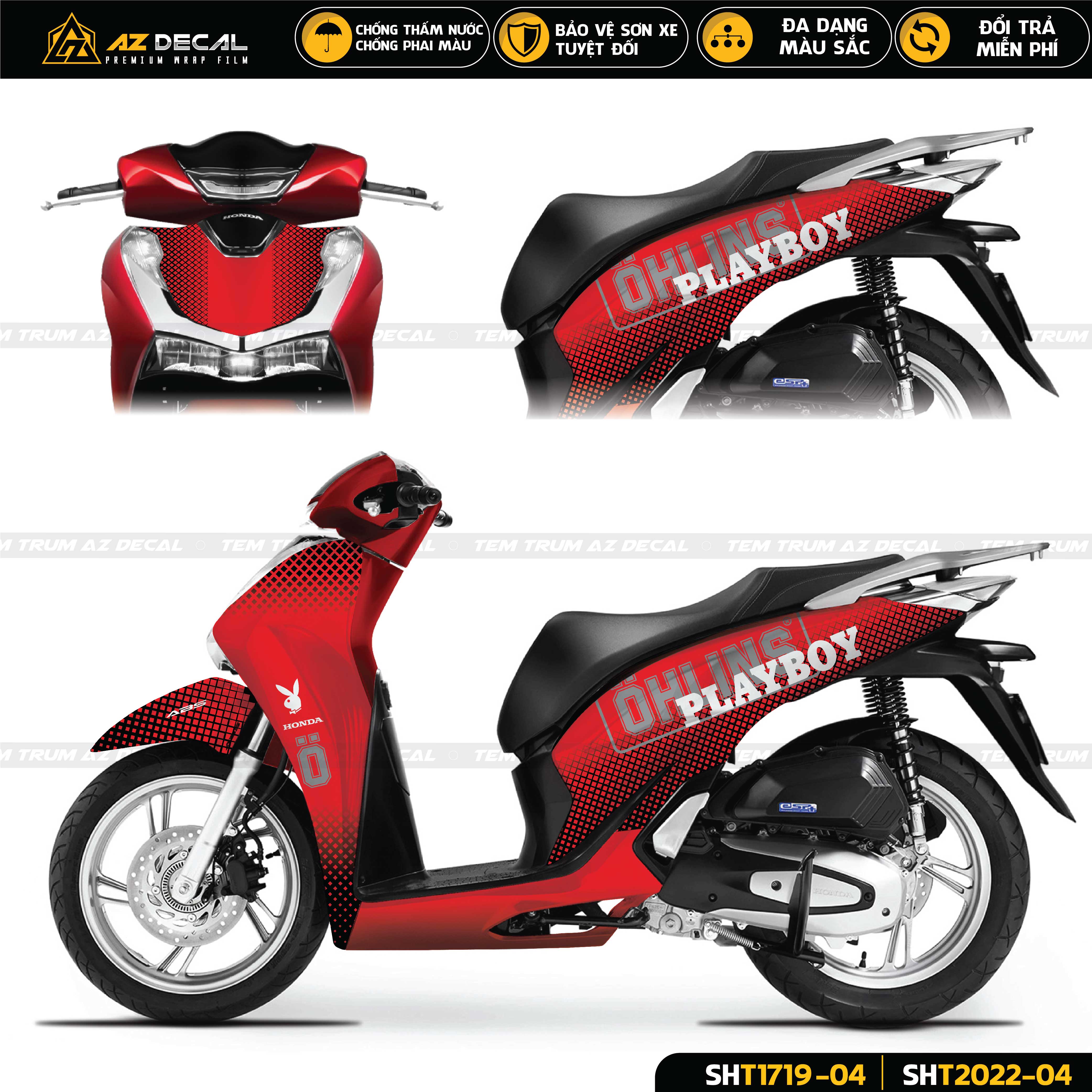 Tem xe Honda SH đỏ mẫu Playboy