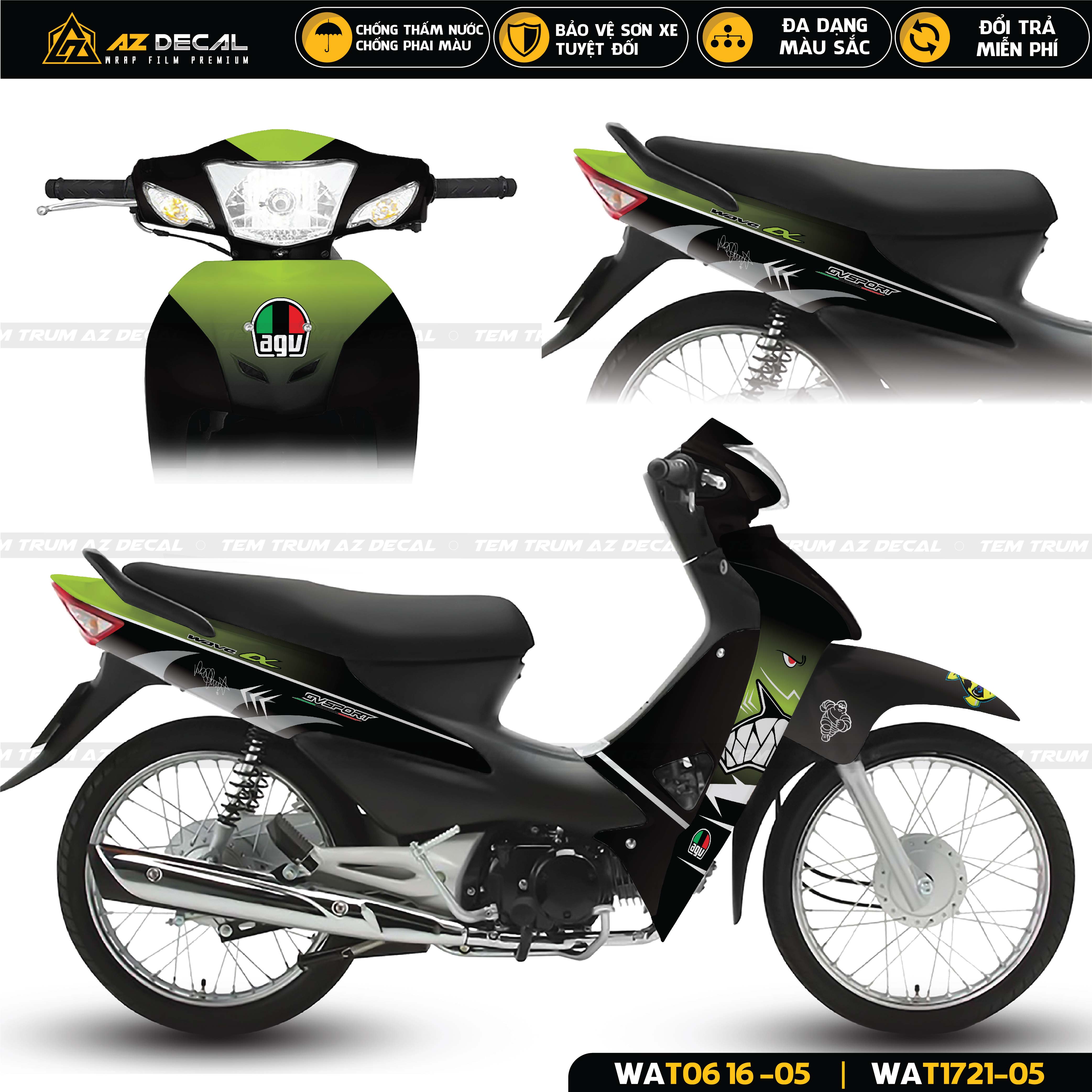 Decal dán xe Honda Wave Alpha phong cách cá mập đen xanh