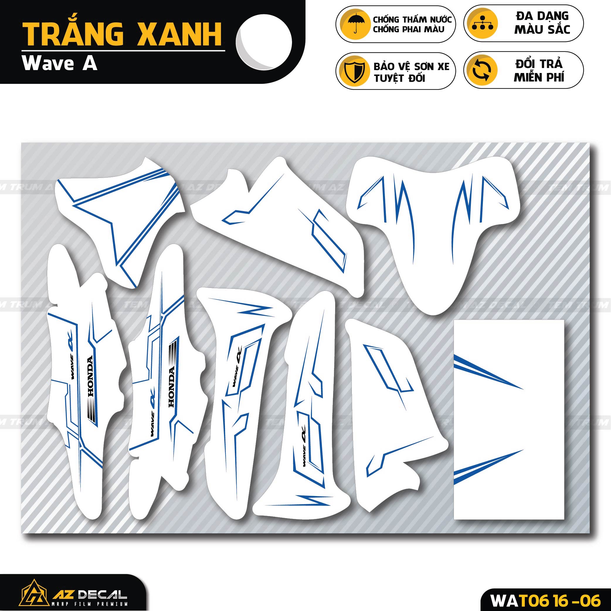 Tem trùm dán xe Wave trắng xanh đẹp