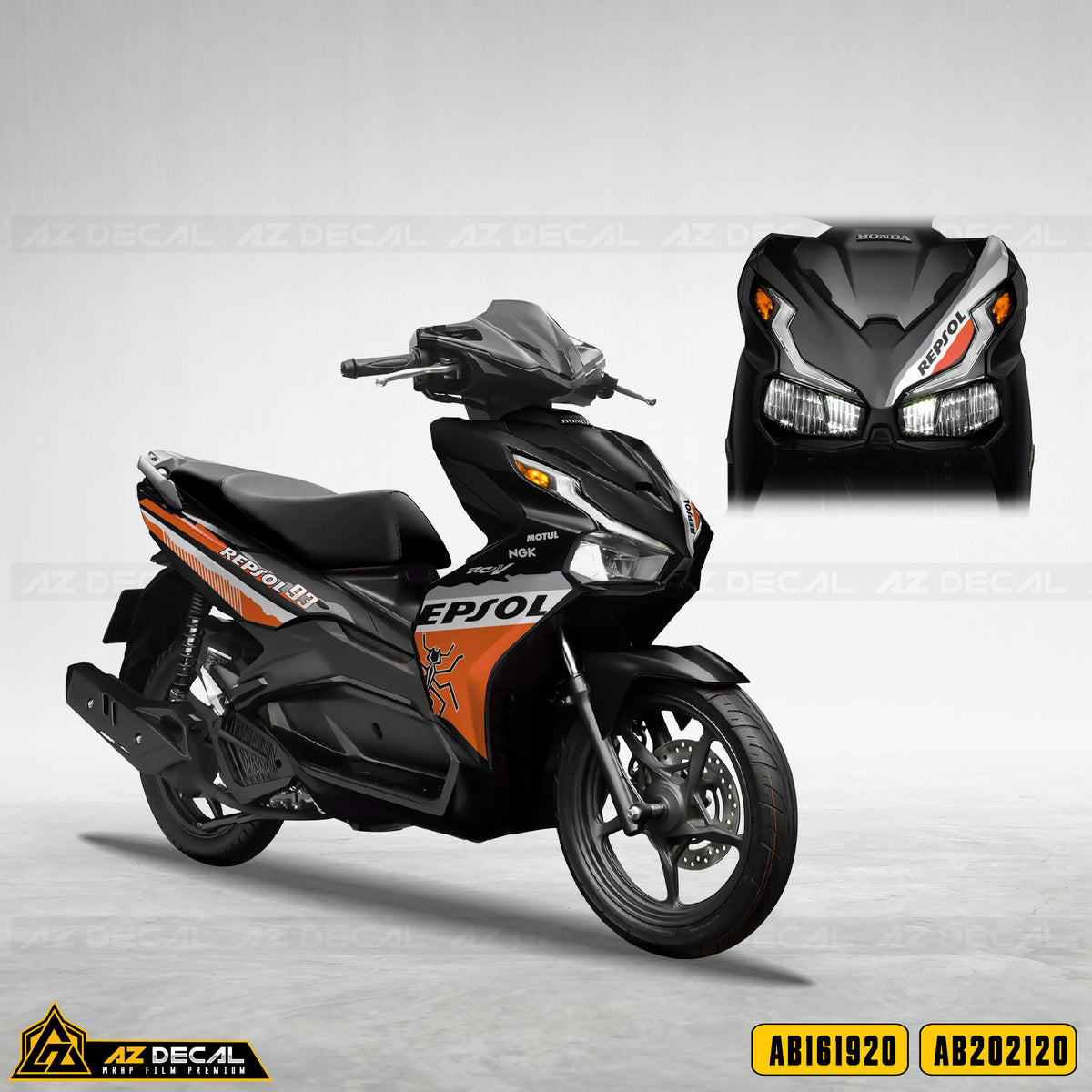 Tem xe Honda Air Blade đen màu cam mẫu Repsol