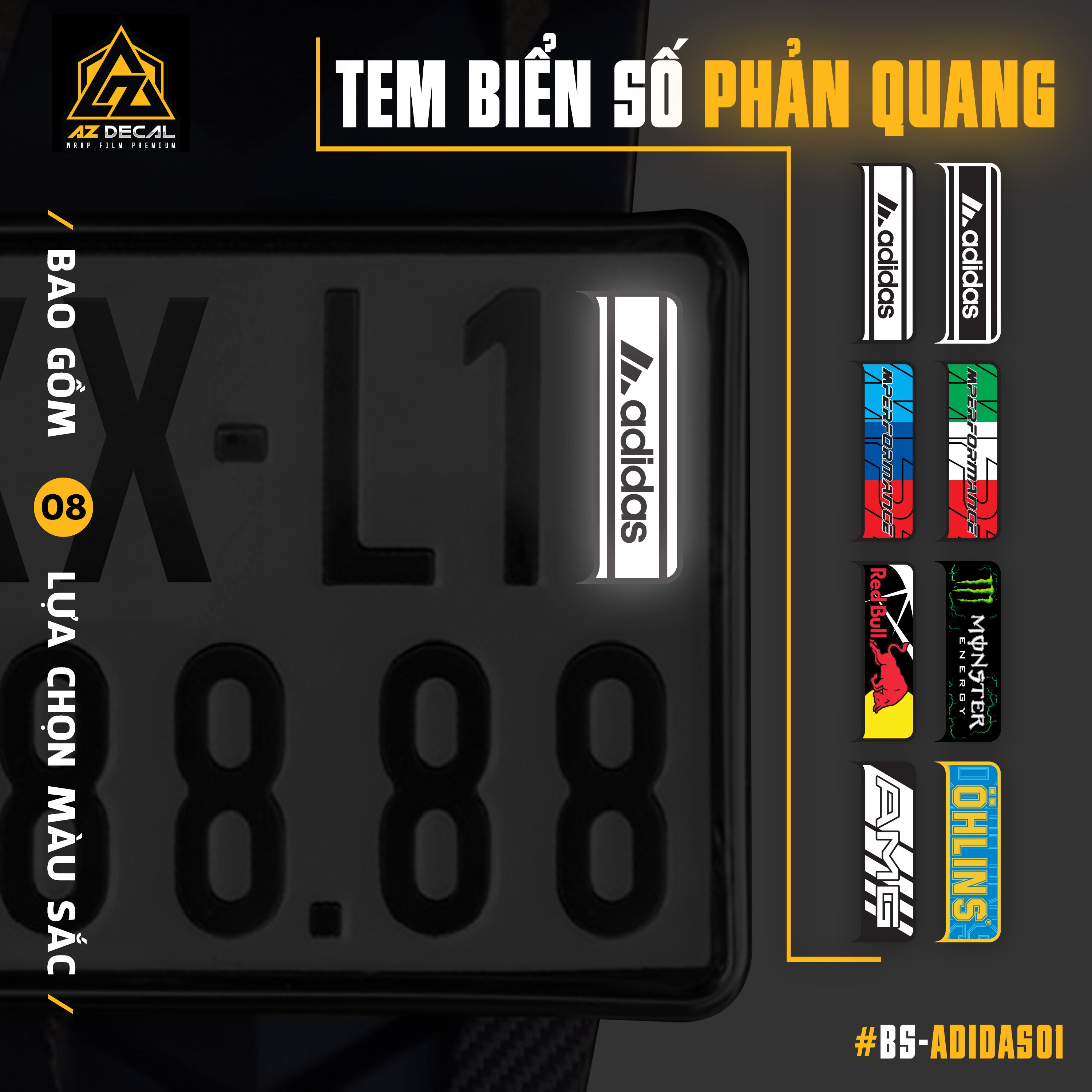 Decal phản quang dán biển số xe máy mẫu Adias 01