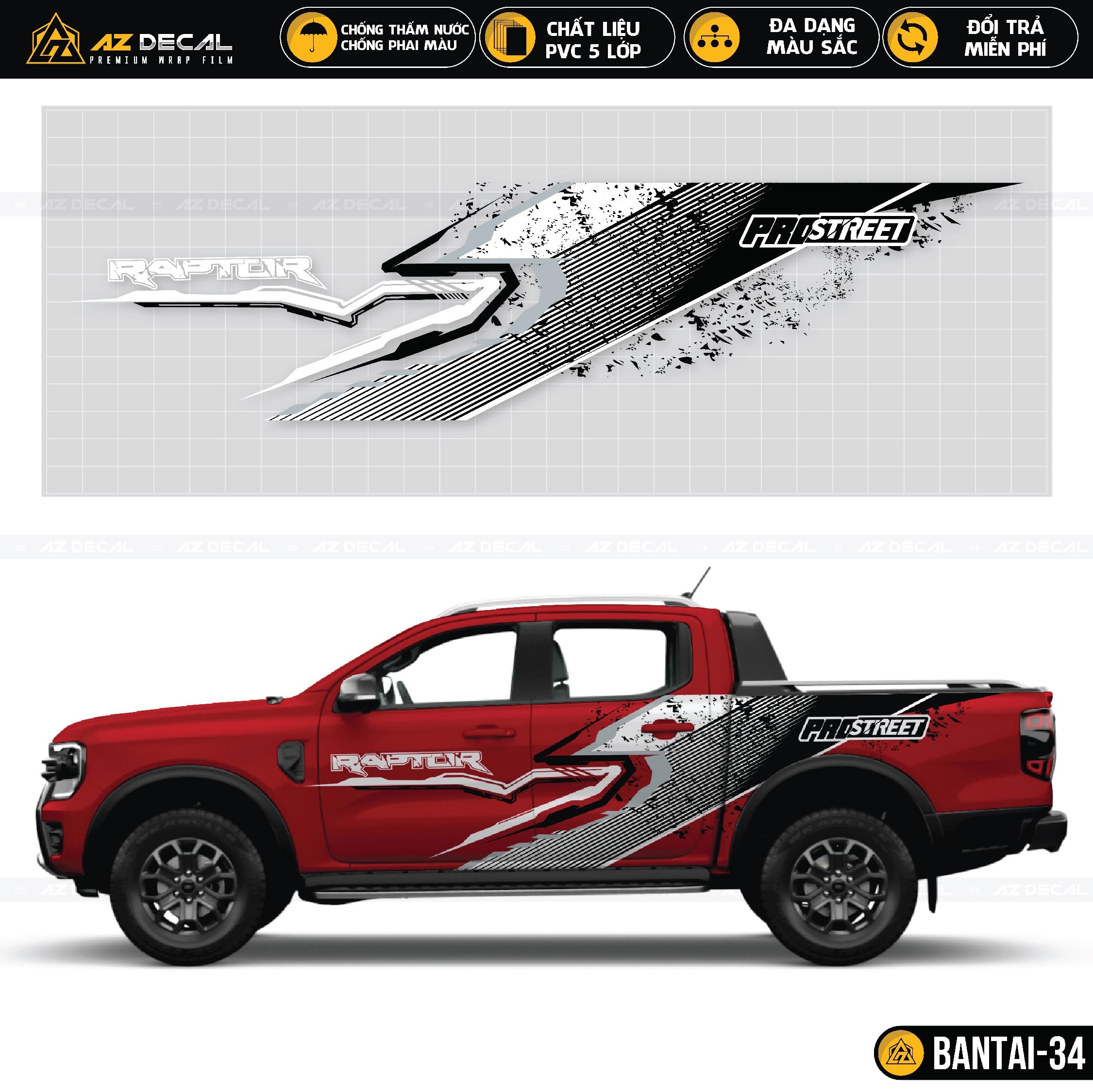 Tem xe bán tải Raptor Prostreet đường phố màu đen trắng