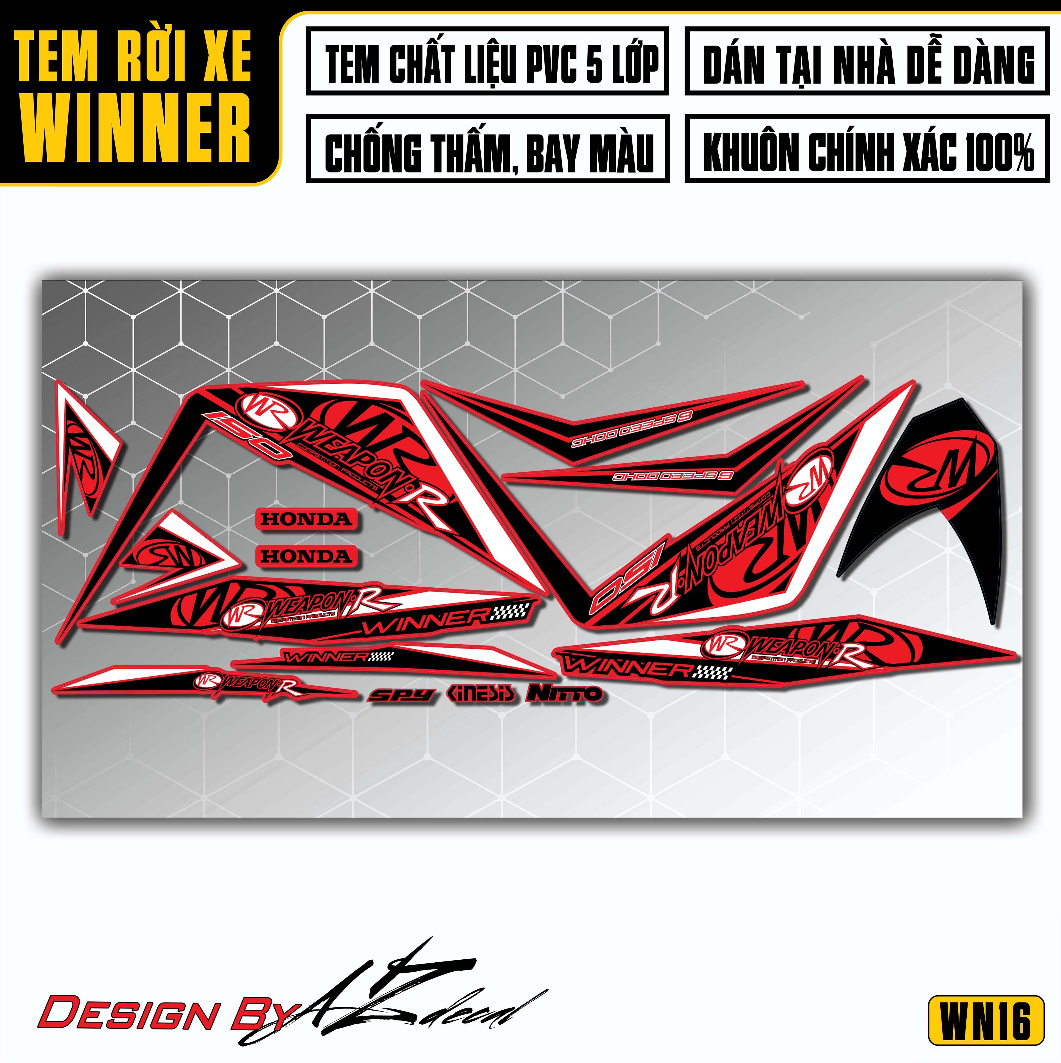 Tem Xe Winner WN16 Weapon R Đỏ Đen Trắng