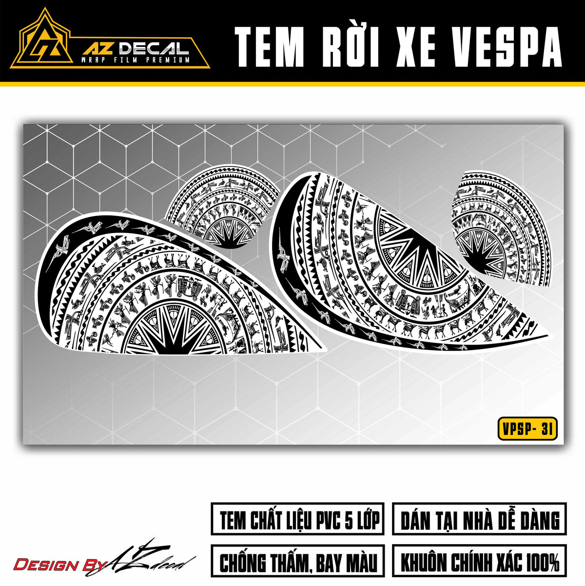 Chi tiết mẫu tem trống đồng in trong dán xe Vespa trắng, đỏ