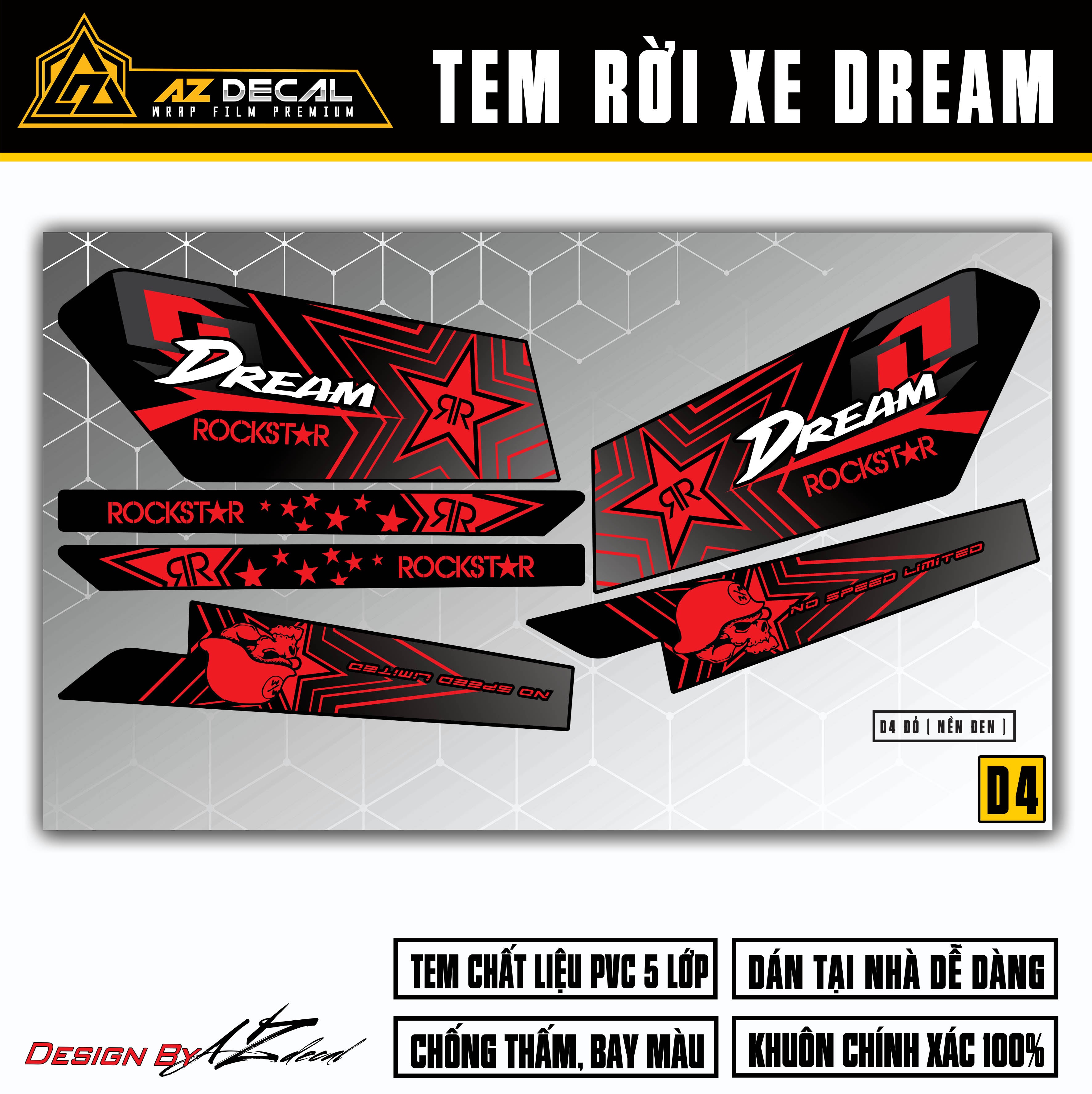 Decal xe Super Dream Việt/Thái mẫu Rockstar màu đỏ