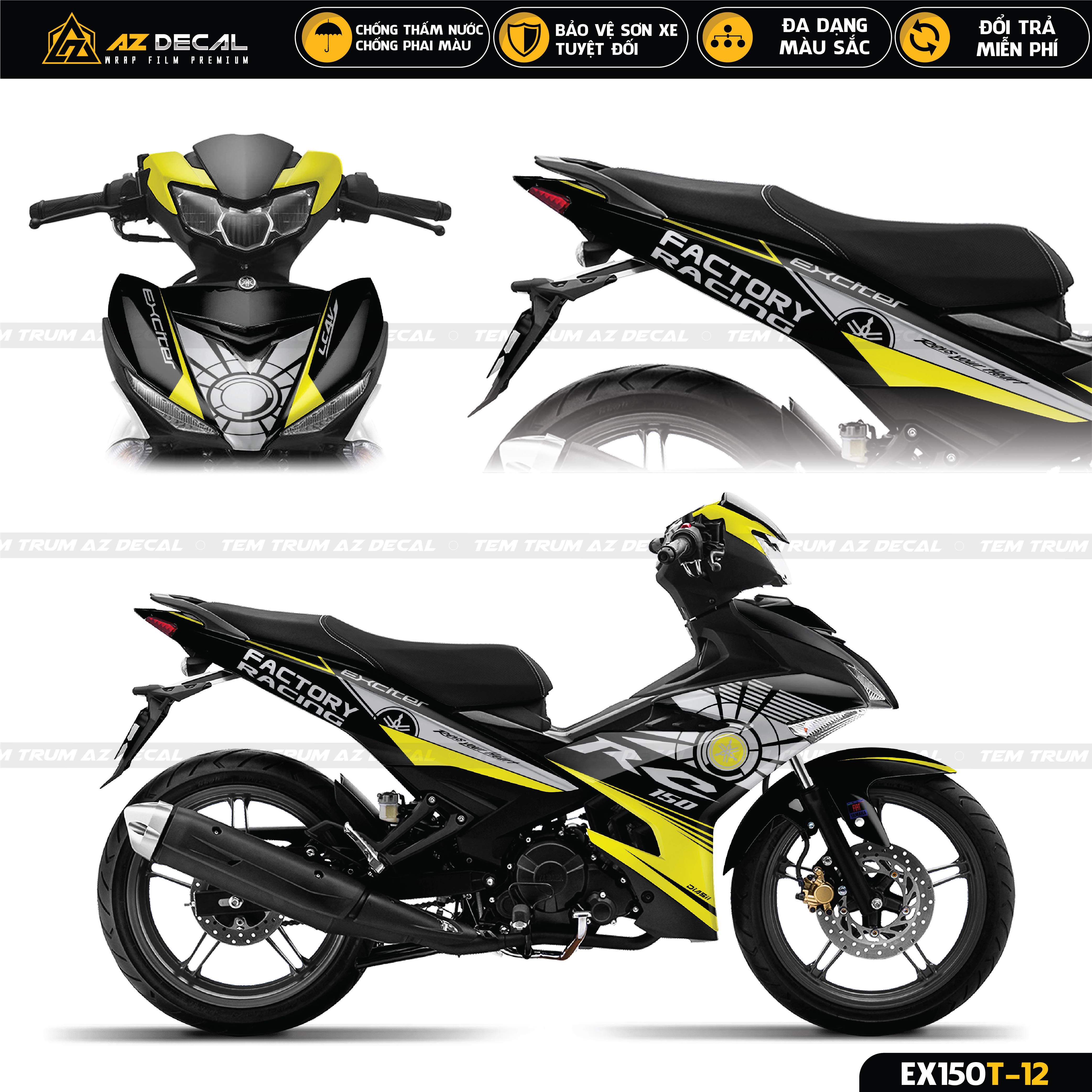 Decal dán trùm xe Exciter 150 màu đen vàng