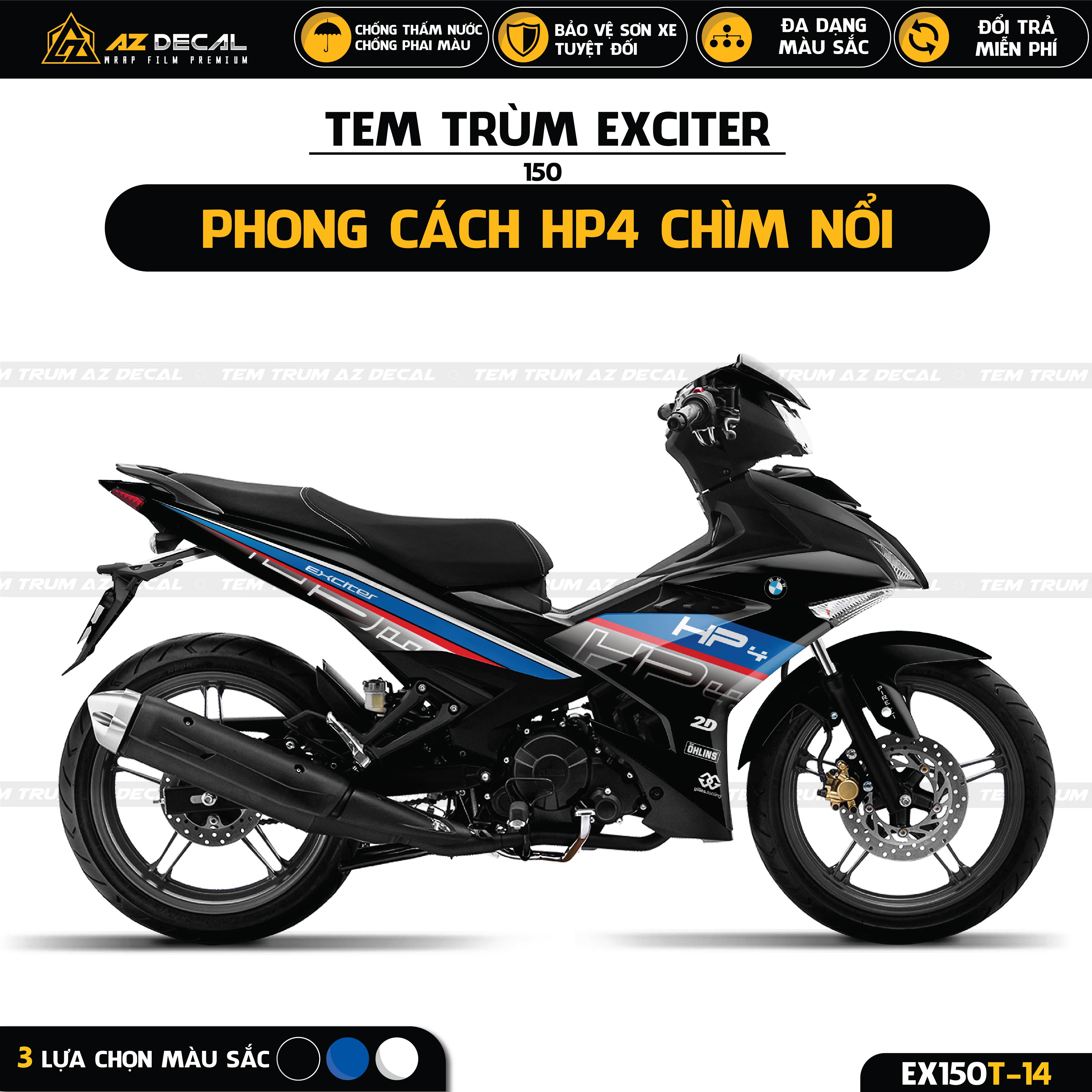 Tem trùm xe Exciter 150 mẫu HP4 hiệu ứng chìm nổi đẹp