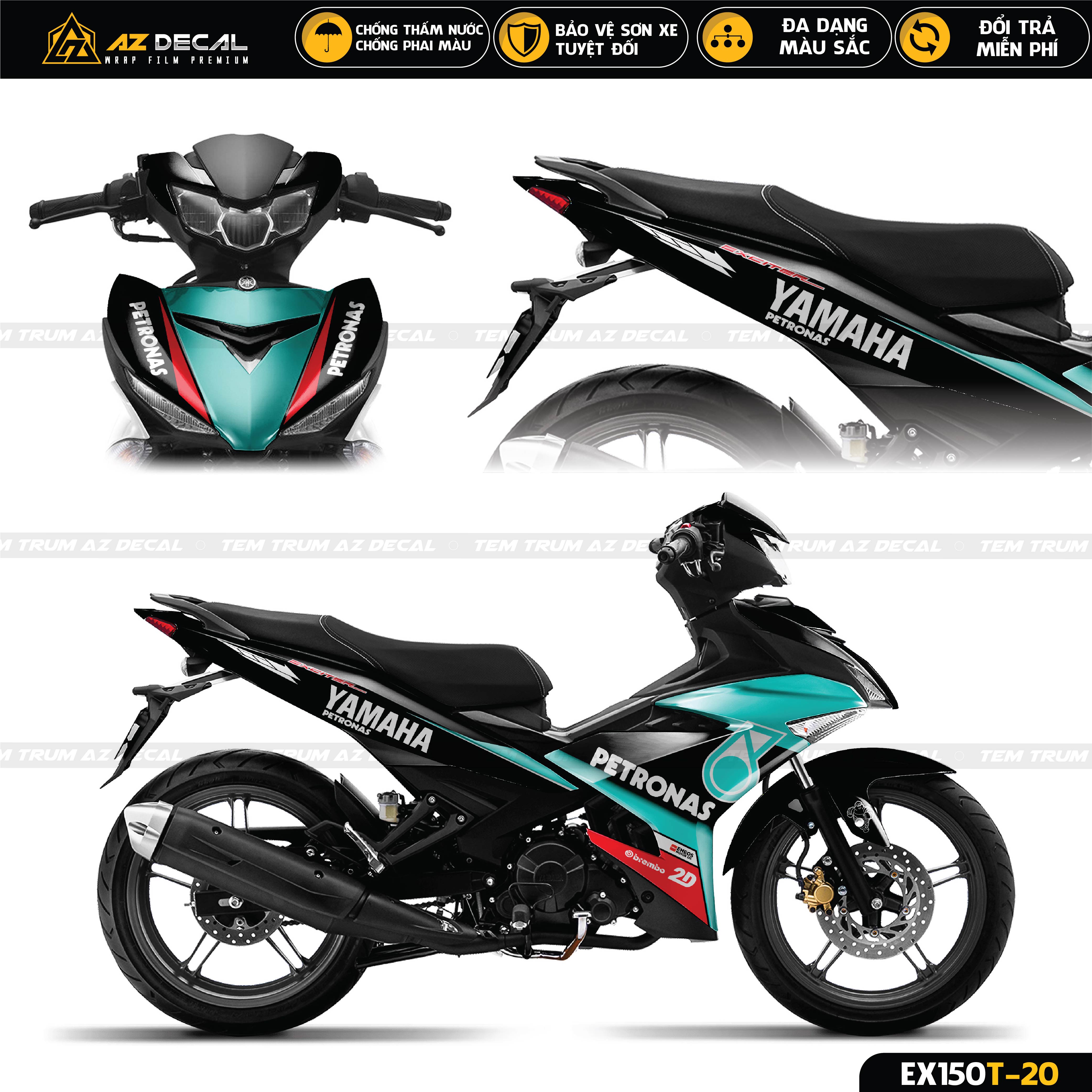 Decal dán xe Exciter 150 phong cách Petronas đen xanh