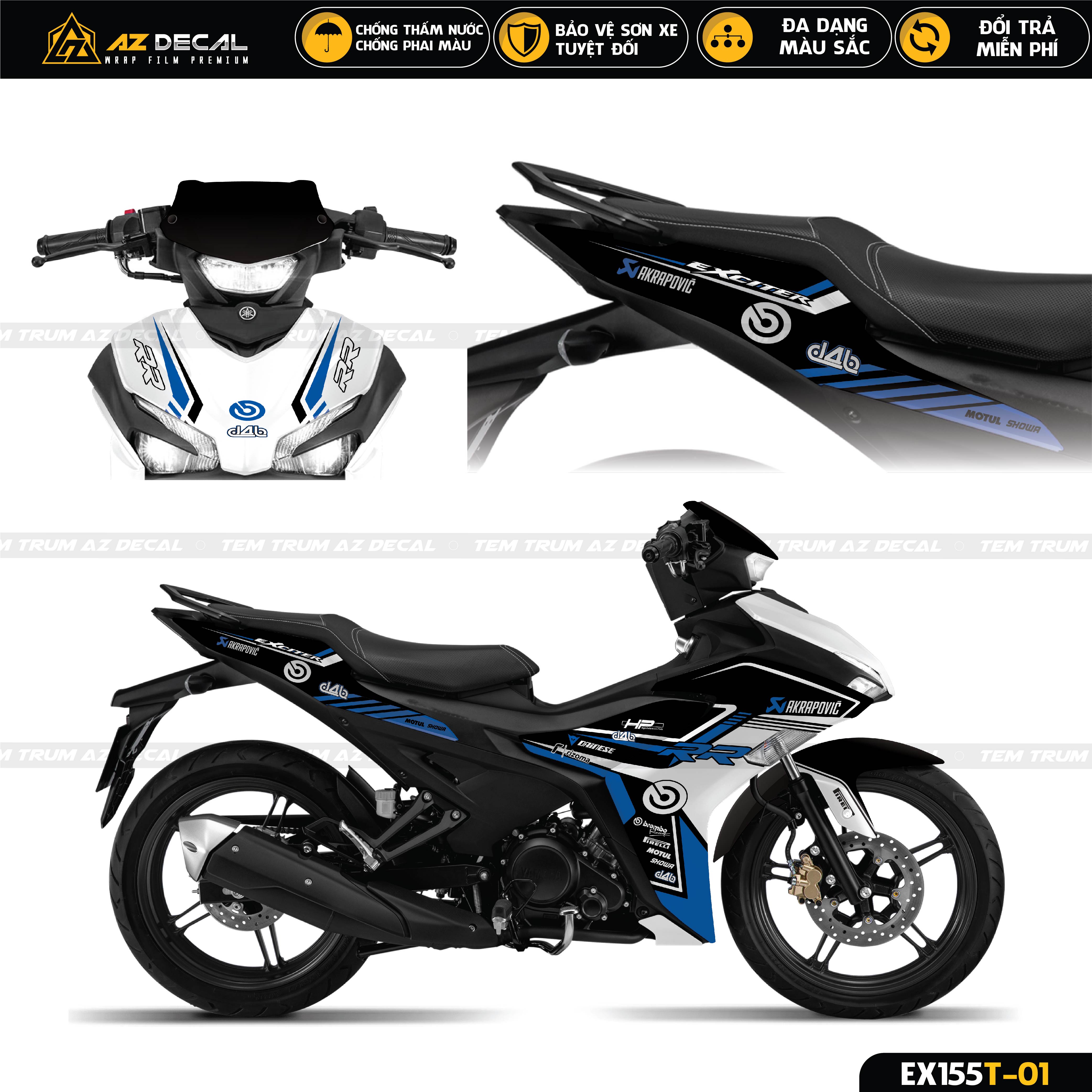 Dán decal xe Exciter 155 phong cách Akrapovic đen xanh