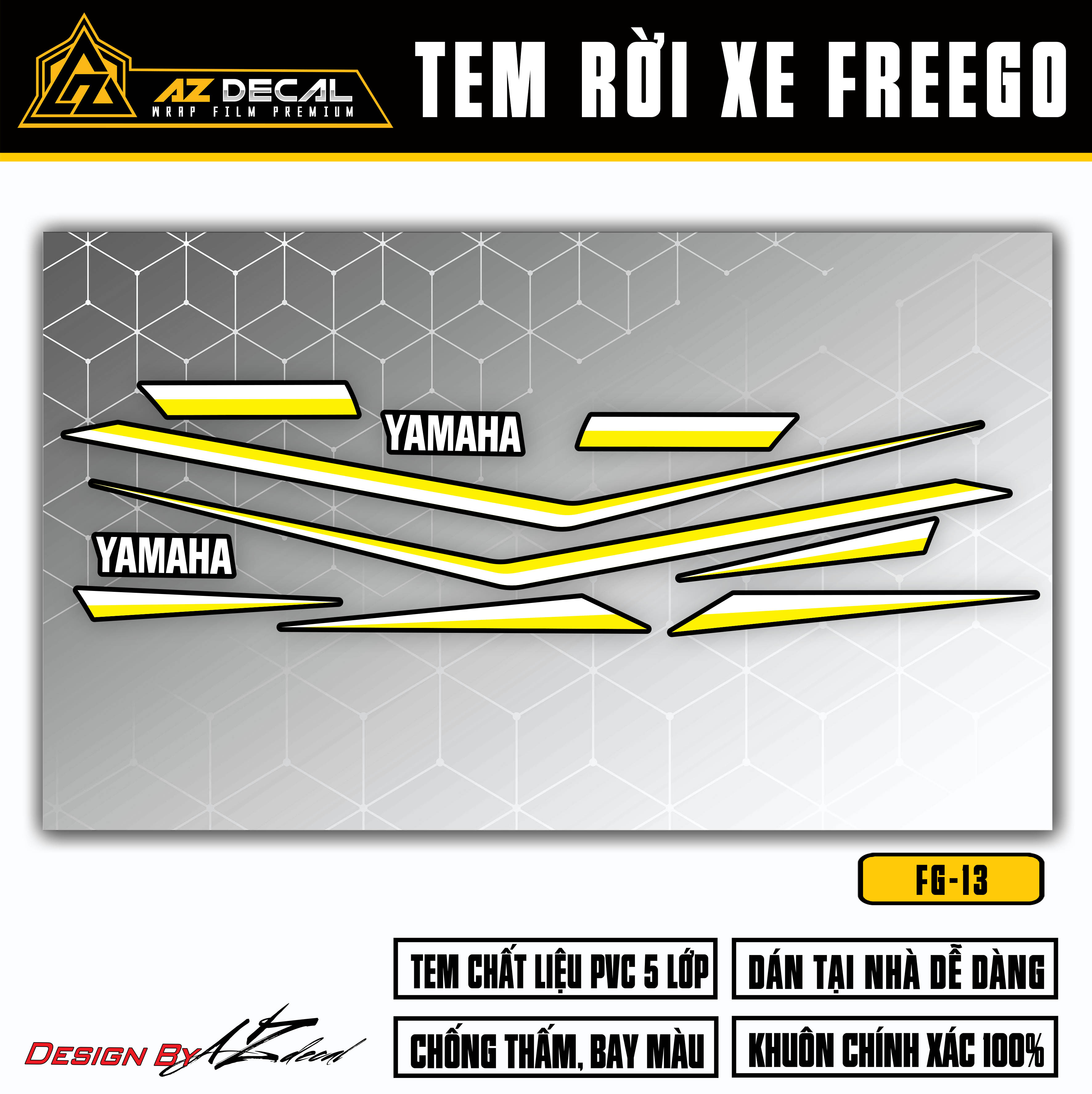 Tem xe Yamaha FreeGo mẫu tem chỉ màu vàng trắng tinh tế