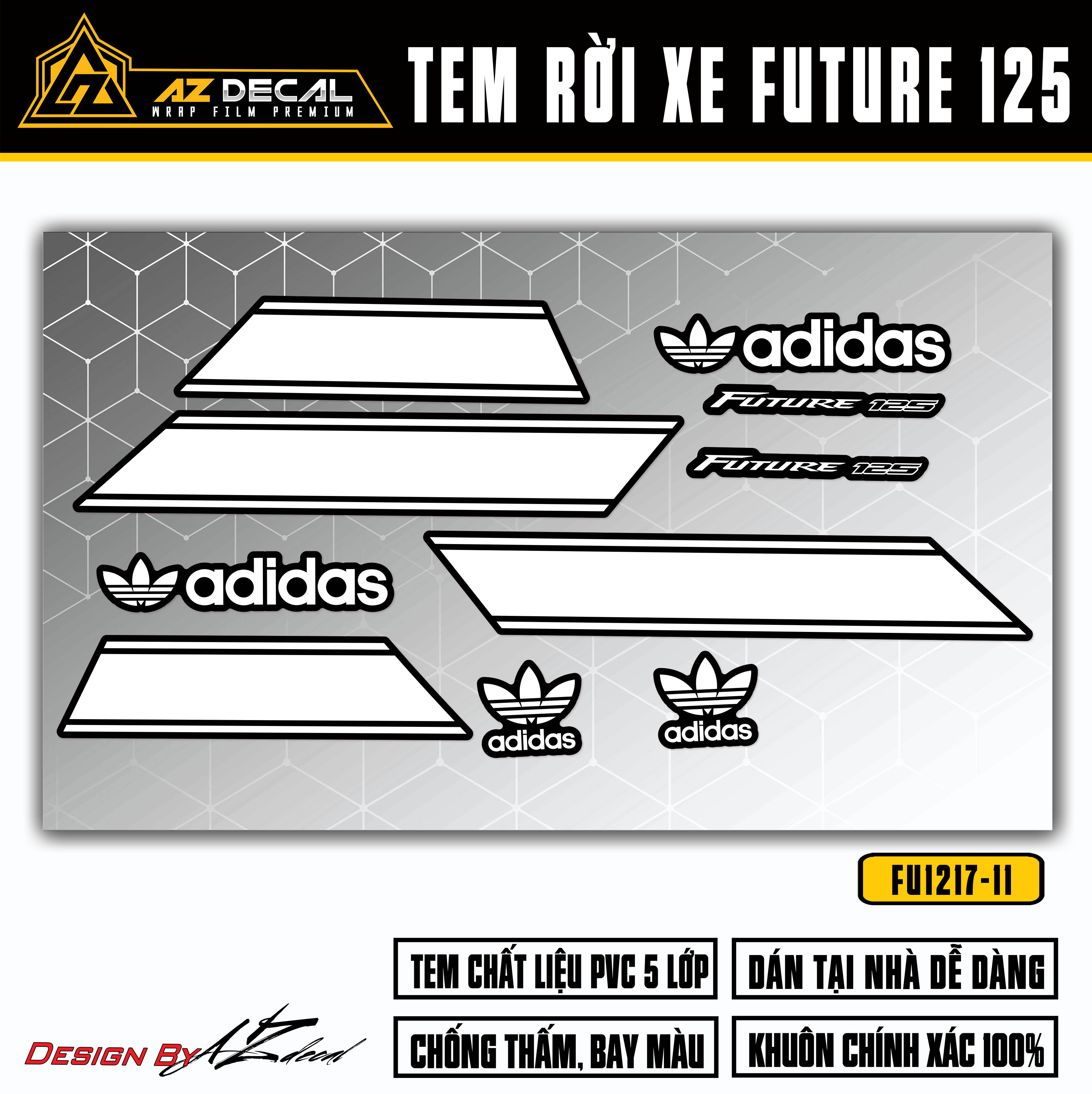 Tem rời dán xe Future 125 Fi mẫu Adidas trắng nền đen